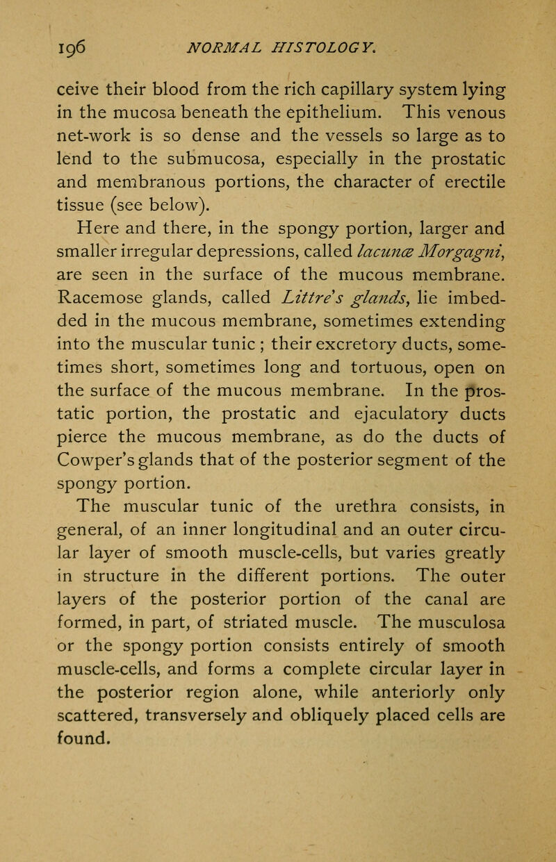 ceive their blood from the rich capillary system lying in the mucosa beneath the epithelium. This venous net-work is so dense and the vessels so large as to lend to the submucosa, especially in the prostatic and membranous portions, the character of erectile tissue (see below). Here and there, in the spongy portion, larger and smaller irregular depressions, called lacuncs Morgagni^ are seen in the surface of the mucous membrane. Racemose glands, called Littres glands^ lie imbed- ded in the mucous membrane, sometimes extending into the muscular tunic ; their excretory ducts, some- times short, sometimes long and tortuous, open on the surface of the mucous membrane. In the pros- tatic portion, the prostatic and ejaculatory ducts pierce the mucous membrane, as do the ducts of Cowper's glands that of the posterior segment of the spongy portion. The muscular tunic of the urethra consists, in general, of an inner longitudinal and an outer circu- lar layer of smooth muscle-cells, but varies greatly in structure in the different portions. The outer layers of the posterior portion of the canal are formed, in part, of striated muscle. The musculosa or the spongy portion consists entirely of smooth muscle-cells, and forms a complete circular layer in the posterior region alone, while anteriorly only scattered, transversely and obliquely placed cells are found.
