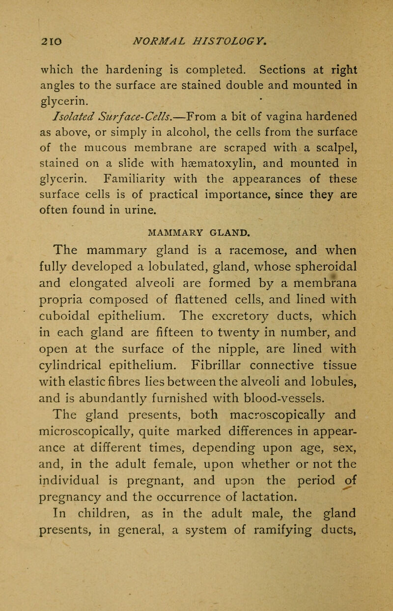 which the hardening is completed. Sections at right angles to the surface are stained double and mounted in glycerin. Isolated Surface-Cells.—From a bit of vagina hardened as above, or simply in alcohol, the cells from the surface of the mucous membrane are scraped with a scalpel, stained on a slide with hsematoxylin, and mounted in glycerin. Familiarity with the appearances of these surface cells is of practical importance, since they are often found in urine. MAMMARY GLAND. The mammary gland is a racemose, and when fully developed a lobulated, gland, whose spheroidal and elongated alveoli are formed by a membrana propria composed of flattened cells, and lined with cuboidal epithelium. The excretory ducts, which in each gland are fifteen to twenty in number, and open at the surface of the nipple, are lined with cylindrical epithelium. Fibrillar connective tissue with elastic fibres lies between the alveoli and lobules, and is abundantly furnished with blood-vessels. The gland presents, both macroscopically and microscopically, quite marked differences in appear- ance at different times, depending upon age, sex, and, in the adult female, upon whether or not the individual is pregnant, and upon the period of pregnancy and the occurrence of lactation. In children, as in the adult male, the gland presents, in general, a system of ramifying ducts,