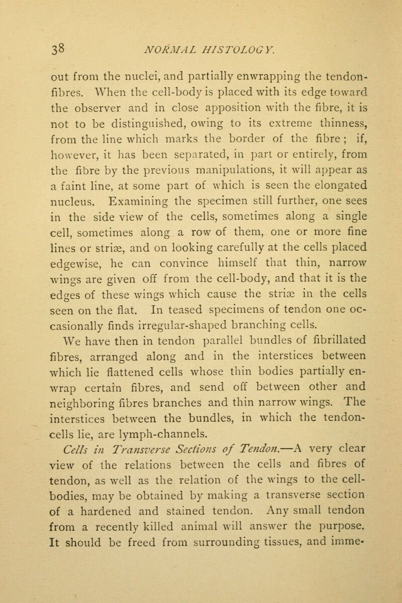 out from the nuclei, and partially enwrapping the tendon- fibres. When the cell-body is placed with its edge toward the observer and in close apposition with the fibre, it is not to be distinguished, owing to its extreme thinness, from the line which marks the border of the fibre ; if, however, it has been separated, in part or entirely, from the fibre by the previous manipulations, it will appear as a faint line, at some part of which is seen the elongated nucleus. Examining the specimen still further, one sees in the side view of the cells, sometimes along a single cell, sometimes along a row of them, one or more fine lines or striae, and on looking carefully at the cells placed edgewise, he can convince himself that thin, narrow wings are given off from the cell-body, and that it is the edges of these wings which cause the striae in the cells seen on the flat. In teased specimens of tendon one oc- casionally finds irregular-shaped branching cells. We have then in tendon parallel bundles of fibrillated fibres, arranged along and in the interstices between which lie flattened cells whose thin bodies partially en- wrap certain fibres, and send off between other and neighboring fibres branches and thin narrow wings. The interstices between the bundles, in which the tendon- cells lie, are lymph-channels. Cells in Transverse Sections of Tendon.—A very clear view of the relations between the cells and fibres of tendon, as well as the relation of the wings to the cell- bodies, may be obtained by making a transverse section of a hardened and stained tendon. Any small tendon from a recently killed animal will answer the purpose. It should be freed from surrounding tissues, and imme*