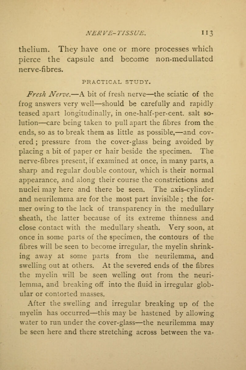 thelium. They have one or more processes which pierce the capsule and become non-medullatcd nerve-fibres. PRACTICAL STUDY. Fresh Nerve.—A bit of fresh nerve—the sciatic of the frog answers very well—should be carefully and rapidly teased apart longitudinally, in one-half-per-cent. salt so- lution—care being taken to pull apart the fibres from the ends, so as to break them as little as possible,—and cov- ered ; pressure from the cover-glass being avoided by placing a bit of paper or hair beside the specimen. The nerve-fibres present, if examined at once, in many parts, a sharp and regular double contour, which is their normal appearance, and along their course the constrictions and nuclei may here and there be seen. The axis-cylinder and neurilemma are for the most part invisible ; the for- mer owing to the lack of transparency in the medullary sheath, the latter because of its extreme thinness and close contact with the medullary sheath. Very soon, at once in some parts of the specimen, the contours of the fibres will be seen to become irregular, the myelin shrink- ing away at some parts from the neurilemma, and swelling out at others. At the severed ends of the fibres the myelin will be seen welling out from the neuri- lemma, and breaking off into the fluid in irregular glob- ular or contorted masses. After the swelling and irregular breaking up of the myelin has occurred—this may be hastened by allowing water to run under the cover-glass—the neurilemma may be seen here and there stretching across between the va-