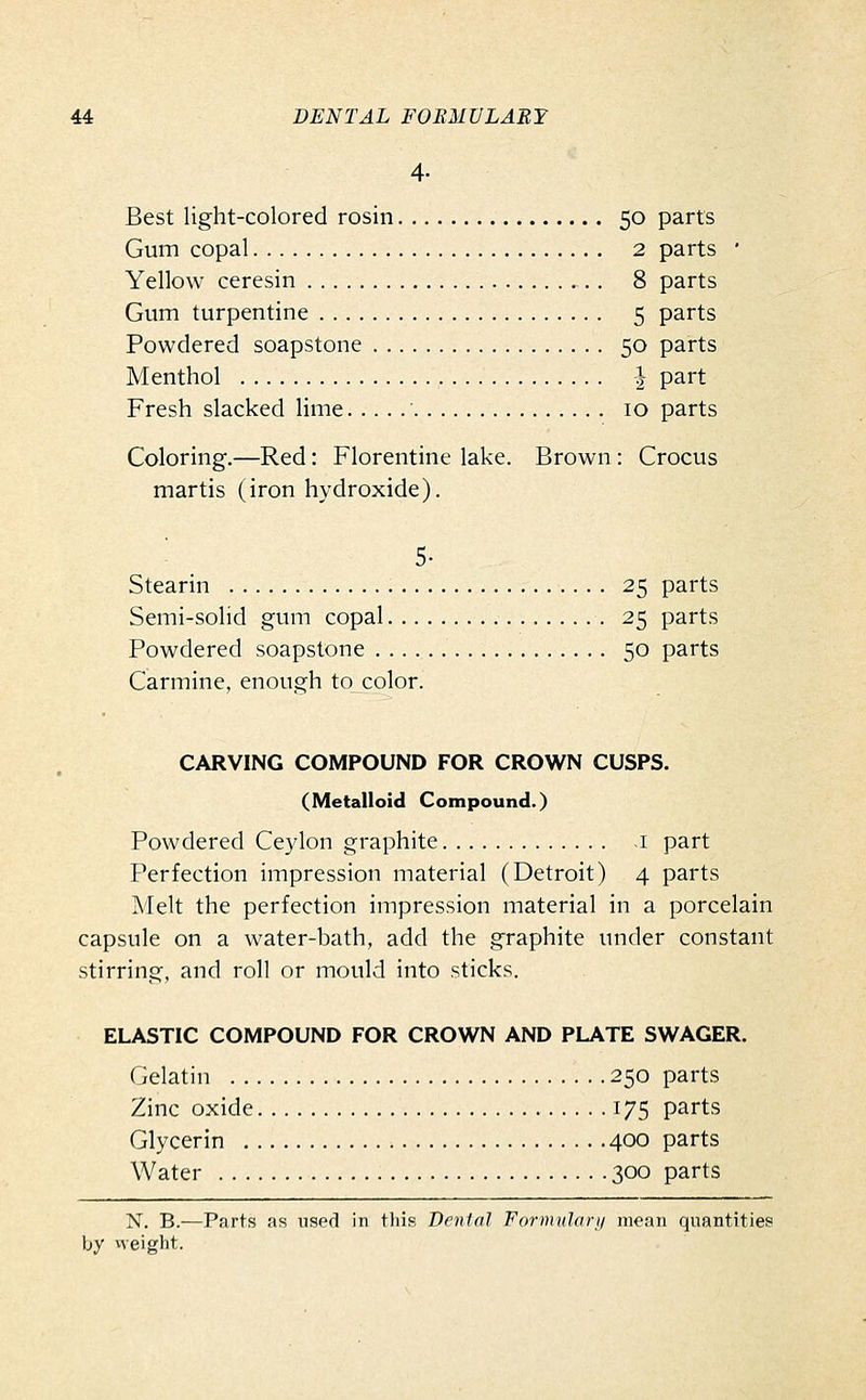 4- Best light-colored rosin 50 parts Gum copal 2 parts ' Yellow ceresin 8 parts Gum turpentine 5 parts Powdered soapstone 50 parts Menthol I part Fresh slacked lime ' 10 parts Coloring.—Red: Florentine lake. Brown : Crocus martis (iron hydroxide). ■ 5- Stearin 25 parts Semi-solid gum copal 25 parts Powdered soapstone 50 parts Carmine, enough to color. CARVING COMPOUND FOR CROWN CUSPS. (Metalloid Compound.) Powdered Ceylon graphite i part Perfection impression material (Detroit) 4 parts Melt the perfection impression material in a porcelain capsule on a water-bath, add the graphite under constant stirring, and roll or mould into sticks. ELASTIC COMPOUND FOR CROWN AND PLATE SWAGER. Gelatin 250 parts Zinc oxide 175 parts Glycerin 400 parts Water 300 parts N. B.—Parts as used in this Denial Formulary mean quantities