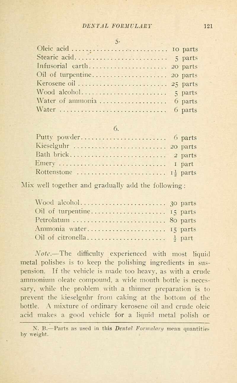 5- Oleic acid lo parts Stearic acid ■ 5 parts Infusorial earth 20 parts Oil of turpentine 20 parts Kerosene oil 25 parts Wood alcohol 5 parts Water of ammonia 6 parts Water 6 parts 6. Putty powder 6 parts Kieselguhr 20 parts Bath hrick 2 parts Emery i part Rottenstone i^ parts ?\Iix well together and gradually add the following: Wood alcohol 30 parts Oil of turpentine 15 parts Petrolatum 80 parts Ammonia water 15 parts Oil of citronella -1 part A'otc.—The difficulty experienced with most liquid metal polishes is to keep the polishing ingredients in sus- pension. If the vehicle is made too heavy, as with a crude ammonium oleatc compound, a wide mouth bottle is neces- sary, while the problem with a thinner preparation is to prevent the kieselguhr from caking at the bottom of the bottle. A mixture of ordinary kerosene oil and crude oleic acid makes a good vehicle for a lic|ui(l metal polish or X. B.—Parts as used in tliis Dental Formtilari/ mean quantities