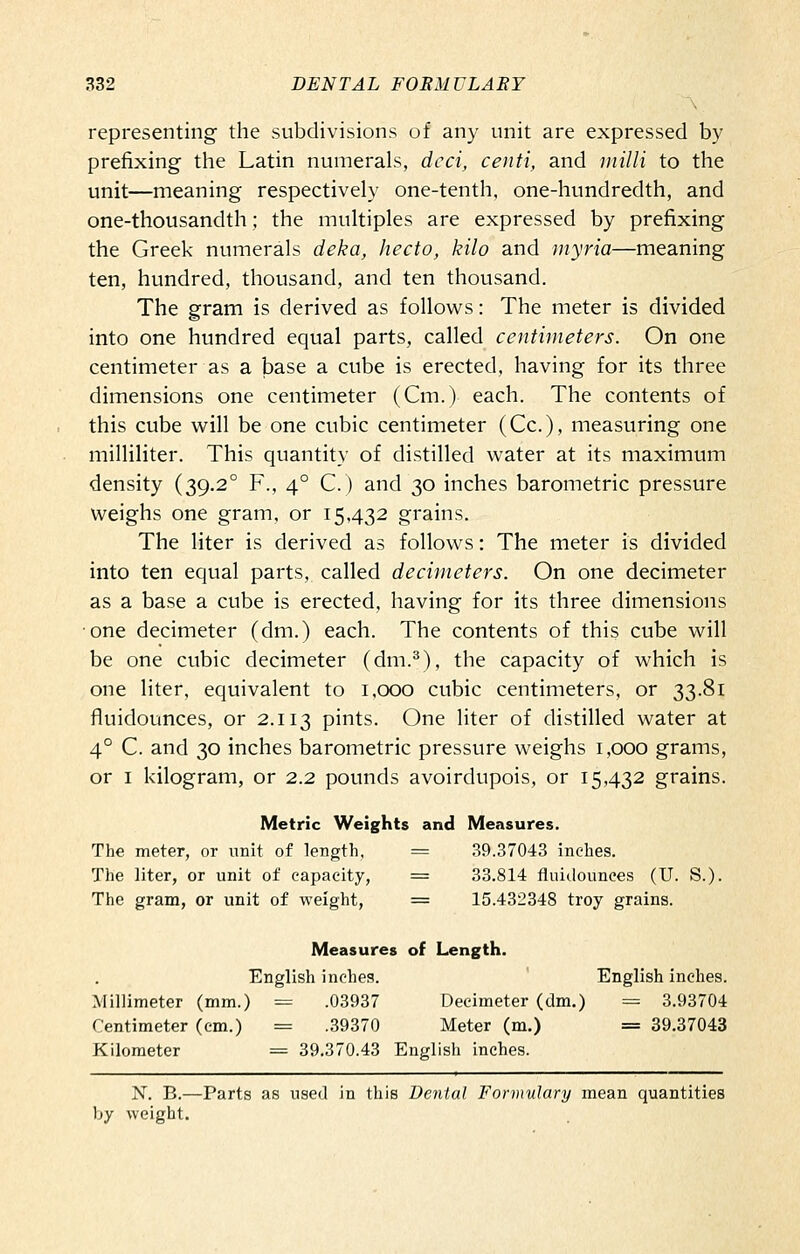 representing the subdivisions of any unit are expressed by prefixing the Latin numerals, dcci, centi, and inilli to the unit—meaning respectively one-tenth, one-hundredth, and one-thousandth; the multiples are expressed by prefixing the Greek numerals deka, hecto, kilo and myria—meaning ten, hundred, thousand, and ten thousand. The gram is derived as follows: The meter is divided into one hundred equal parts, called centimeters. On one centimeter as a base a cube is erected, having for its three dimensions one centimeter (Cm.) each. The contents of this cube will be one cubic centimeter (Cc), measuring one milliliter. This quantity of distilled water at its maximum density (39.2° F., 4° C.) and 30 inches barometric pressure weighs one gram, or 15,432 grains. The liter is derived as follows: The meter is divided into ten equal parts, called decimeters. On one decimeter as a base a cube is erected, having for its three dimensions one decimeter (dm.) each. The contents of this cube will be one cubic decimeter (dm.^), the capacity of which is one liter, equivalent to 1,000 cubic centimeters, or 33.81 fluidounces, or 2.113 pints. One liter of distilled water at 4° C. and 30 inches barometric pressure weighs 1,000 grams, or I kilogram, or 2.2 pounds avoirdupois, or 15,432 grains. Metric Weights and Measures. The meter, or unit of length, = .39.37043 inches. The liter, or unit of capacity, = 33.814 fluidounces (U. S.). The gram, or unit of weight, = 15.432348 troy grains. Measures of Length. English inches. English inches. Millimeter (mm.) = .03937 Decimeter (dm.) = 3.93704 Centimeter (cm.) = .39370 Meter (m.) = 39.37043 Kilometer = 39.370.43 English inches. N. B.—Parts as used in this Denial Formulary mean quantities