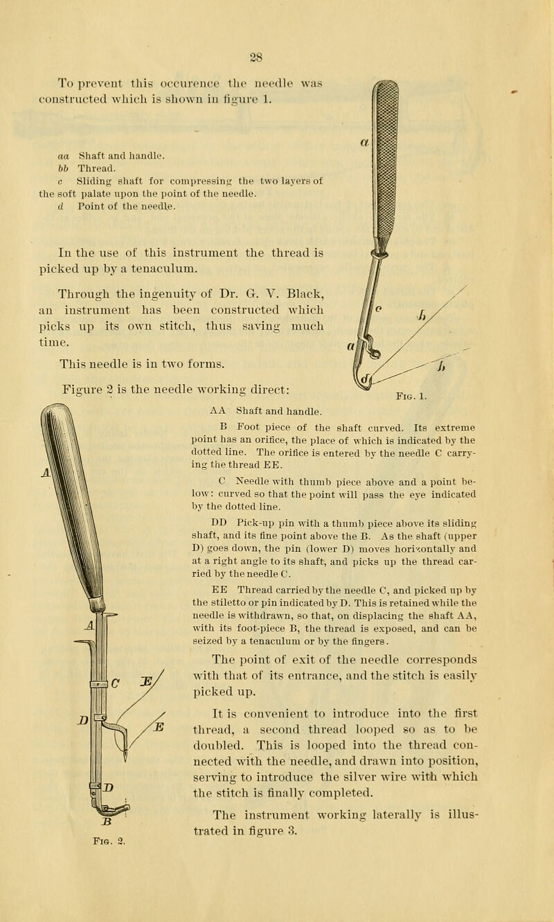 To prevent this occurence the needle was constructed which is shewn in fitnire 1. act Shaft and handle. bb Thread. c Sliding shaft for compressing the two layers of the soft palate upon the point of the needle. d Point of the needle. In the use of this instrument the thread is picked up by a tenaculum. Through the ingenuity of Dr. G. V. Black, an instrument has been constructed which picks up its own stitch, thus saving much time. This needle is in two forms. Figure 2 is the needle working direct: AA Shaft and handle. Foot piece of the shaft curved. Fig. 1. B Foot piece of the shaft curved. Its extreme point has an orifice, the place of which is indicated by the dotted line. The orifice is entered by the needle C carry- ing the thread EE. C Needle with thumb piece above and a point be- low: curved so that the point will pass the eye indicated by the dotted line. DD Pick-up pin with a thumb piece above its sliding shaft, and its fine point above the B. As the shaft (upper D) goes down, the pin (lower D) moves horizontally and at a right angle to its shaft, and picks up the thread car- ried by the needle C. EE Thread carried by the needle C, and picked up by the stiletto or pin indicated by D. This is retained while the needle is withdrawn, so that, on displacing the shaft AA, with its foot-piece B, the thread is exposed, and can be seized by a tenaculum or by the fingers. The point of exit of the needle corresponds with that of its entrance, and the stitch is easily picked up. It is convenient to introduce into the first thread, a second thread looped so as to be doubled. This is looped into the thread con- nected with the needle, and drawn into position, serving to introduce the silver wire with which the stitch is finally completed. The instrument working laterally is illus- trated in figure 3.