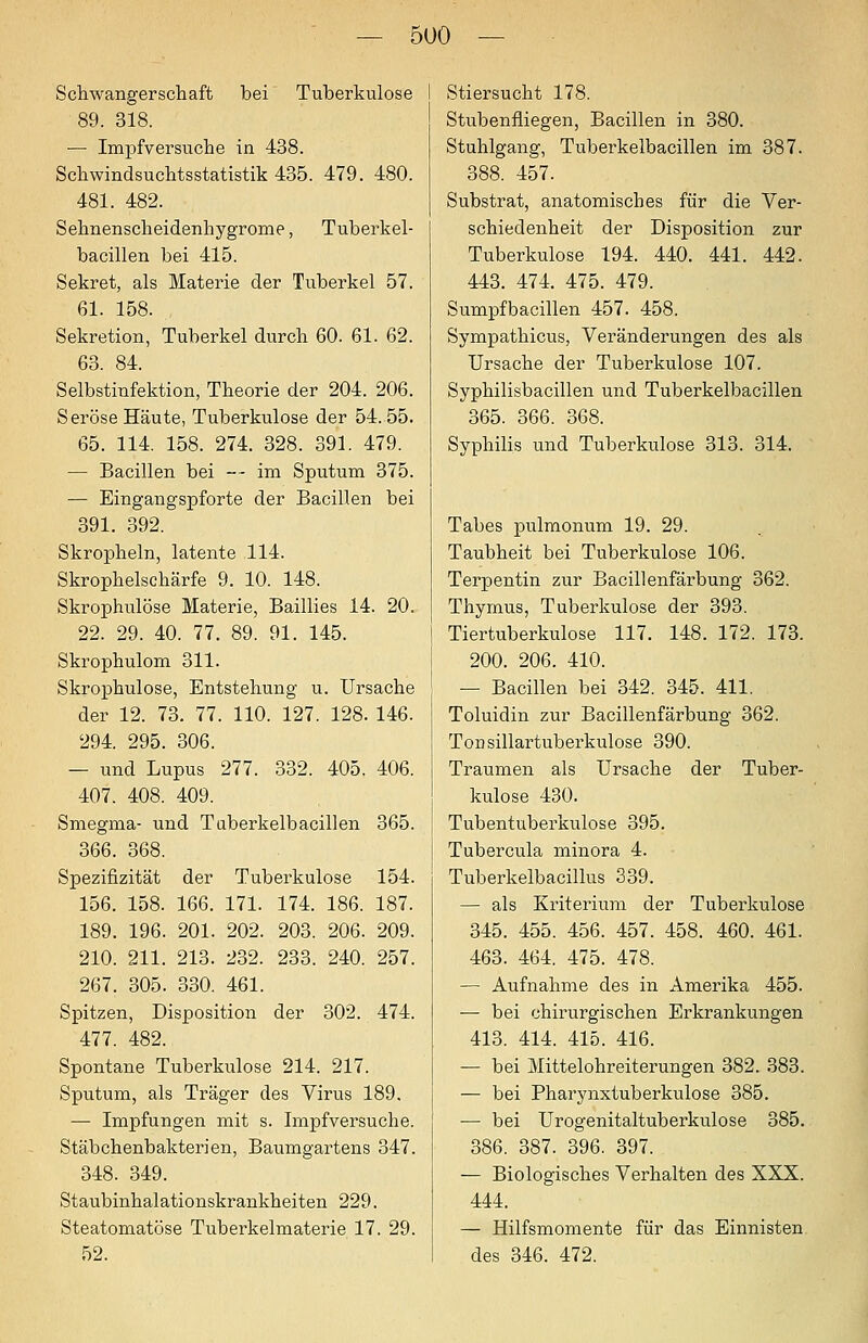 5U0 Schwangerschaft bei Tuberkulose 89. 318. — Impfversuche in 438. Schwindsuchtsstatistik 435. 479. 480. 481. 482. Sehnenscheidenhygrome, Tuberkel- bacillen bei 415. Sekret, als Materie der Tuberkel 57. 61. 158. Sekretion, Tuberkel durch 60. 61. 62. 63. 84. Selbstinfektion, Theorie der 204. 206. Seröse Häute, Tuberkulose der 54.55. 65. 114. 158. 274. 328. 391. 479. — Bacillen bei — im Sputum 375. — Eingangspforte der Bacillen bei 391. 392. Skropheln, latente 114. Skrophelschärfe 9. 10. 148. Skrophulöse Materie, Baillies 14. 20. 22. 29. 40. 77. 89. 91. 145. Skrophulom 311. Skrophulöse, Entstehung u. Ursache der 12. 73. 77. 110. 127. 128. 146. 294. 295. 306. — und Lupus 277. 332. 405. 406. 407. 408. 409. Smegma- und Taberkelbacillen 365. 366. 368. Spezifizität der Tuberkulose 154. 156. 158. 166. 171. 174. 186. 187. 189. 196. 201. 202. 203. 206. 209. 210. 211. 213. 232. 233. 240. 257. 267. 305. 330. 461. Spitzen, Disposition der 302. 474. 477. 482. Spontane Tuberkulose 214. 217. Sputum, als Träger des Virus 189. — Impfungen mit s. Impfversuche. Stäbchenbakterien, Baumgartens 347. 348. 349. Staubinhalationskrankheiten 229. Steatomatöse Tuberkelmaterie 17. 29. 52. Stiersucht 178. Stubenfliegen, Bacillen in 380. Stuhlgang, Tuberkelbacillen im 387. 388. 457. Substrat, anatomisches für die Ver- schiedenheit der Disposition zur Tuberkulose 194. 440. 441. 442. 443. 474. 475. 479. Sumpfbacillen 457. 458. Sympathicus, Veränderungen des als Ursache der Tuberkulose 107. Syphilisbacillen und Tuberkelbacillen 365. 366. 368. Syphilis und Tuberkulose 313. 314. Tabes pulmonum 19. 29. Taubheit bei Tuberkulose 106. Terpentin zur Bacillenfärbung 362. Thymus, Tuberkulose der 393. Tiertuberkulose 117. 148. 172. 173. 200. 206. 410. — Bacillen bei 342. 345. 411. Toluidin zur Bacillenfärbung 362. Tonsillartuberkulose 390. Traumen als Ursache der Tuber- kulose 430. Tubentuberkulose 395. Tubercula minora 4. Tuberkelbacillus 339. — als Kriterium der Tuberkulose 345. 455. 456. 457. 458. 460. 461. 463. 464. 475. 478. — Aufnahme des in Amerika 455. — bei chirurgischen Erkrankungen 413. 414. 415. 416. — bei Mittelohreiterungen 382. 383. — bei Pharynxtuberkulose 385. — bei Urogenitaltuberkulose 385. 386. 387. 396. 397. — Biologisches Verhalten des XXX. 444. — Hilfsmomente für das Einnisten des 346. 472.