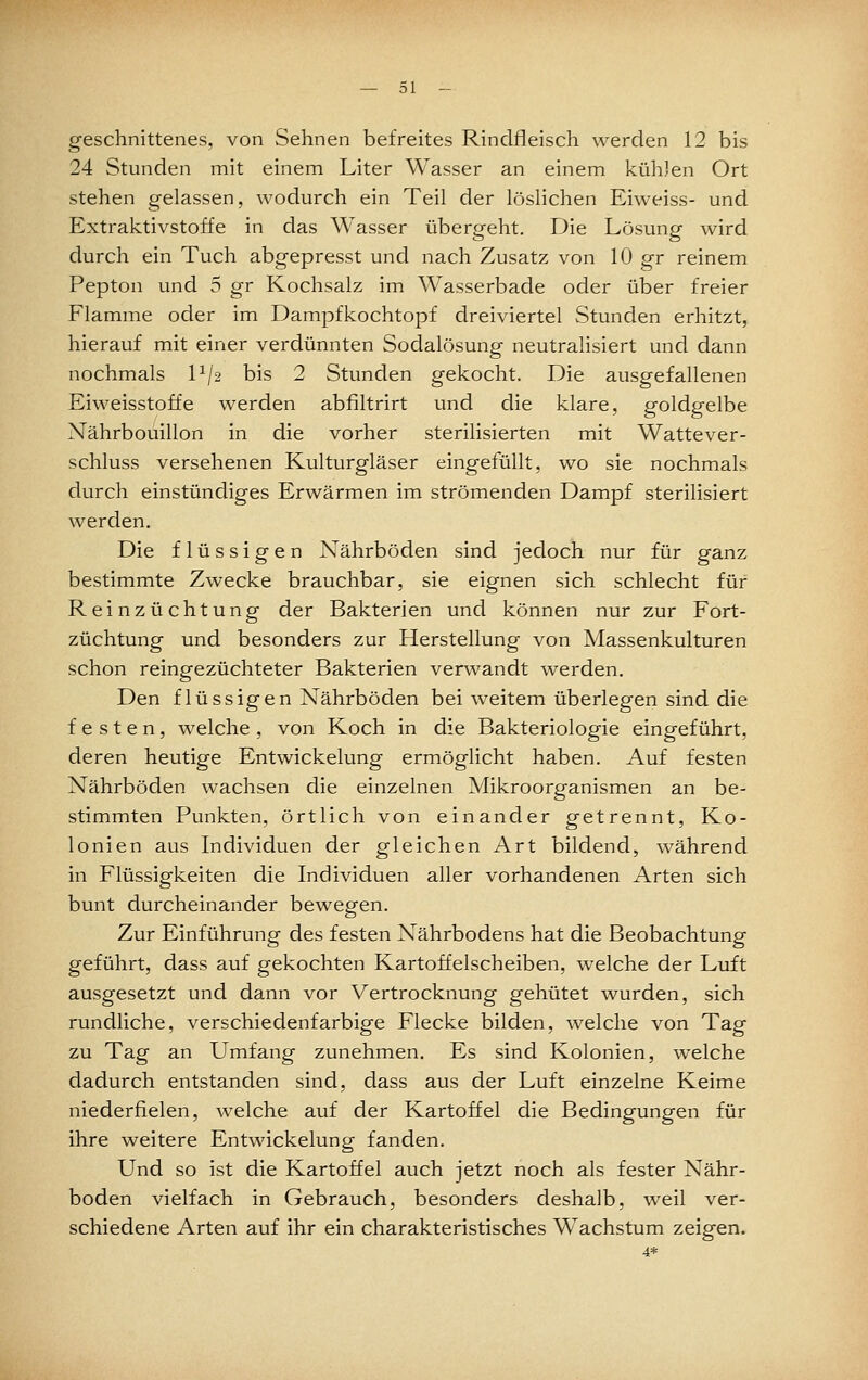 geschnittenes, von Sehnen befreites Rindfleisch werden 12 bis 24 Stunden mit einem Liter Wasser an einem kühJen Ort stehen gelassen, wodurch ein Teil der löslichen Eiweiss- und Extraktivstoffe in das Wasser übergeht. Die Lösung wird durch ein Tuch abgepresst und nach Zusatz von 10 gr reinem Pepton und 5 gr Kochsalz im Wasserbade oder über freier Flamme oder im Dampfkochtopf dreiviertel Stunden erhitzt, hierauf mit einer verdünnten Sodalösung neutralisiert und dann nochmals P/2 bis 2 Stunden gekocht. Die ausgefallenen Eiweisstoffe werden abfiltrirt und die klare, goldgelbe Nährbouillon in die vorher sterilisierten mit Wattever- schluss versehenen Kulturgläser eingefüllt, wo sie nochmals durch einstündiges Erwärmen im strömenden Dampf sterilisiert werden. Die flüssigen Nährböden sind jedoch nur für ganz bestimmte Zwecke brauchbar, sie eignen sich schlecht für Reinzüchtung der Bakterien und können nur zur Fort- züchtung und besonders zur Herstellung von Massenkulturen schon reingezüchteter Bakterien verwandt werden. Den flüssigen Nährböden bei weitem überlegen sind die festen, welche , von Koch in die Bakteriologie eingeführt, deren heutige Entwickelung ermöglicht haben. Auf festen Nährböden wachsen die einzelnen Mikroorganismen an be- stimmten Punkten, örtlich von einander getrennt, Ko- lonien aus Individuen der gleichen Art bildend, während in Flüssigkeiten die Individuen aller vorhandenen Arten sich bunt durcheinander bewegen. Zur Einführung des festen Nährbodens hat die Beobachtung geführt, dass auf gekochten Kartoffelscheiben, welche der Luft ausgesetzt und dann vor Vertrocknung gehütet wurden, sich rundliche, verschiedenfarbige Flecke bilden, welche von Tag zu Tag an Umfang zunehmen. Es sind Kolonien, welche dadurch entstanden sind, dass aus der Luft einzelne Keime niederfielen, welche auf der Kartoffel die Bedingungen für ihre weitere Entwickelung fanden. Und so ist die Kartoffel auch jetzt noch als fester Nähr- boden vielfach in Gebrauch, besonders deshalb, weil ver- schiedene Arten auf ihr ein charakteristisches Wachstum zeigen.