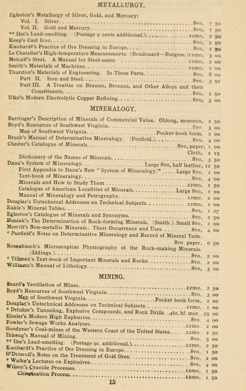 3 50 METALLURGY. Fgleston's Metallurgy of Silver, Gold, and Mercury: Vol. I. Silver 8v.. ** Iles's Lead-smelting. (Postage o cents additional.) i2mo! 2 50 Keep's Cast Iron gvo> , go Kunhardt's Practice of Ore Dressing in Europe 8vo, 1 *o Lc Chatelier's High-temperature Measuremepts. ( Boudouard—Burgess, inmo, 3 00 Metcalf's Steel. A Manual for Steel-users I2mo' 2 0<> Smith's Materials of Machines i2mo 1 00 Thurston's Materials of Engineering. In Three Parts 8vo! 8 00 Part II. Iron and Steel 8vo Part III. A Treatise on Brasses, Bronzes, and Other Alloys and their Constituents gvo. 2 50 Ulke's Modern Electrolytic Copper Refining gVOi 3 0O MINERALOGY. Barringer's Description of Minerals of Commercial Value. Oblong, morocco, 2 50 Boyd's Resources of Southwest Virginia gvo' , 0O Map of Southwest Virignia Pocket-book fora. 2 00 Brush's Manual of Determinative Mineralogy. (Penfield.) 8vo 4 o» Chester's Catalogue of Minerals .' .8vo. paper, 1 oc Cloth, 1 25 Dictionary of the Names of Minerals 8vo, 3 „ Dana's System of Mineralogy Large 8vo, half leather! 12 50 First Appendix to Dana's New  System of Mineralogy. Large 8vo, 1 00 Text-book of Mineralogy gv0(' OQ Minerals and How to Study Them i2mo! 1 50 Catalogue of American Localities of Minerals Large 8vo| 1 00 Manual of Mineralogy and Petrography i2mo'. 2 00 Douglas's Untechnical Addresses on Technical Subjects i2mo, 1 00 Eakle's Mineral Tables a ' _, oVO, I 2 c Egleston s Catalogue of Minerals and Synonyms 8vo 2 so Hussak's The Determination of Rock-forming Minerals. (Smith.).Small 8vo.' 2 00 Merrill's Non-metallic Minerals: Their Occurrence and Uses 8vo 4 00 * Ponfield's Notes on Determinative Mineralogy and Record of Mineral Tests' 8vo paper, o 50 Roscabusch's Microscopical Physiography or the Rock-making Minerals (Iddings. 1 g * Tillman's Text-book of Important Minerals and Rocks 8vo 2 00 Williams's Manual of Lithology. .  o_ ' 6J ovo, 3 00 MINING. ieard's Ventilation of Mines. b _ • i2mo 2 so Boyd s Resources of Southwest Virginia g M6p of Southwest Virginia V/.V.V/.'.'.V.'.'.PockeY bookform.' I 00 Douglao s Untechnical Addresses on Technical Subjects I2mo 1 00 ♦Drinker's Tunneling, Explosive Compounds, and Rock Drills .410 hf mor ' 2s 00 Eissler's Modern High Explosives 8vo' Fowler's Sewage Works Analyses Goodyear's Coal-mines of the Western Coast of the United States Ihlseng's Manual of Mining „ *» T, , - , , . & ovo. 5 00 ** lies s Lead-smelting. (Postage 9c additionaL). .. . I2mo 2 «-„ Kunhardt's Practice of Ore Dressing in Europe 8vo' iso O'Driscoll's Notes on the Treatment of Gold Ores 8vo 2 00 * Walke's Lectures on Explosives. a, ' Wilson's Cyanide Processes .'....'.....'.'.'.'.'.'.'..'.'.'.. i,^' , °° ChicBlnation Process... iamo, 1 50 15 00 12 mo 2 00
