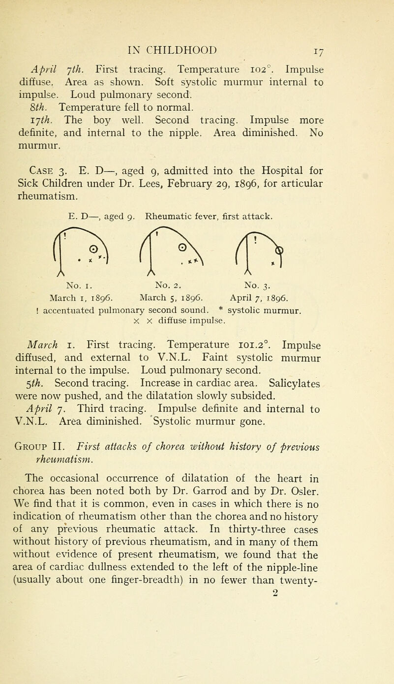 April yth. First tracing. Temperature 102°. Impulse diffuse, Area as shown. Soft systolic murmur internal to impulse. Loud pulmonary second. 8th. Temperature fell to normal. xyth. The boy well. Second tracing. Impulse more definite, and internal to the nipple. Area diminished. No murmur. Case 3. E. D—, aged 9, admitted into the Hospital for Sick Children under Dr. Lees, February 29, 1896, for articular rheumatism. E. D—, aged 9. Rheumatic fever, first attack. A No. 2. No. 3. March 5, 1896. April 7, 1896. ! accentuated pulmonary second sound. * systolic murmur, x X diffuse impulse. March 1. First tracing. Temperature 101.20. Impulse diffused, and external to V.N.L. Faint systolic murmur internal to the impulse. Loud pulmonary second. $th. Second tracing. Increase in cardiac area. Salicylates were now pushed, and the dilatation slowly subsided. April 7. Third tracing. Impulse definite and internal to V.N.L. Area diminished. Systolic murmur gone. Group II. First attacks of chorea without history of previous rheumatism. The occasional occurrence of dilatation of the heart in chorea has been noted both by Dr. Garrod and by Dr. Osier. We find that it is common, even in cases in which there is no indication of rheumatism other than the chorea and no history of any previous rheumatic attack. In thirty-three cases without history of previous rheumatism, and in many of them without evidence of present rheumatism, we found that the area of cardiac dullness extended to the left of the nipple-line (usually about one finger-breadth) in no fewer than twenty- 2