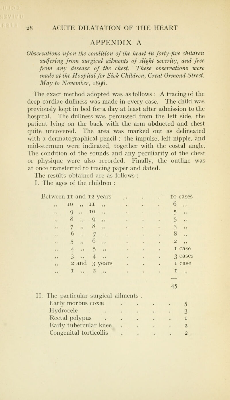 APPENDIX A Observations upon the condition of the heart in forty-five children suffering from surgical ailments of slight severity, and free from any disease of the chest. These observations were made at the Hospital for Sick Children, Great Ormond Street, May to November, 1896. The exact method adopted was as follows : A tracing of the deep cardiac dullness was made in every case. The child was previously kept in bed for a day at least after admission to the hospital. The dullness was percussed from the left side, the patient lying on the back with the arm abducted and chest quite uncovered. The area was marked out as delineated with a dermatographical pencil ; the impulse, left nipple, and mid-sternum were indicated, together with the costal angle. The condition of the sounds and any peculiarity of the chest or physique were also recorded. Finally, the outline was at once transferred to tracing paper and dated. The results obtained are as follows : I. The ages of the children : Between n and 12 years 10 ,, 11 >, 9 .- 10 ,, 8 „ 9 -- 7 » 8 „ 6 „ 7 » 5 „ 6 „ 4 ,. 5 >> 0 0  4 » 2 and 3 years 1 ,, 2 ,, 10 cases 6 „ 5 u 5 „ 3 ., 8 „ 2 ,, 1 case 3 cases 1 case 1 ,, 45 II. The particular surgical ai Early morbus coxae Hydrocele Rectal polypus Early tubercular knee Congenital torticollis ments