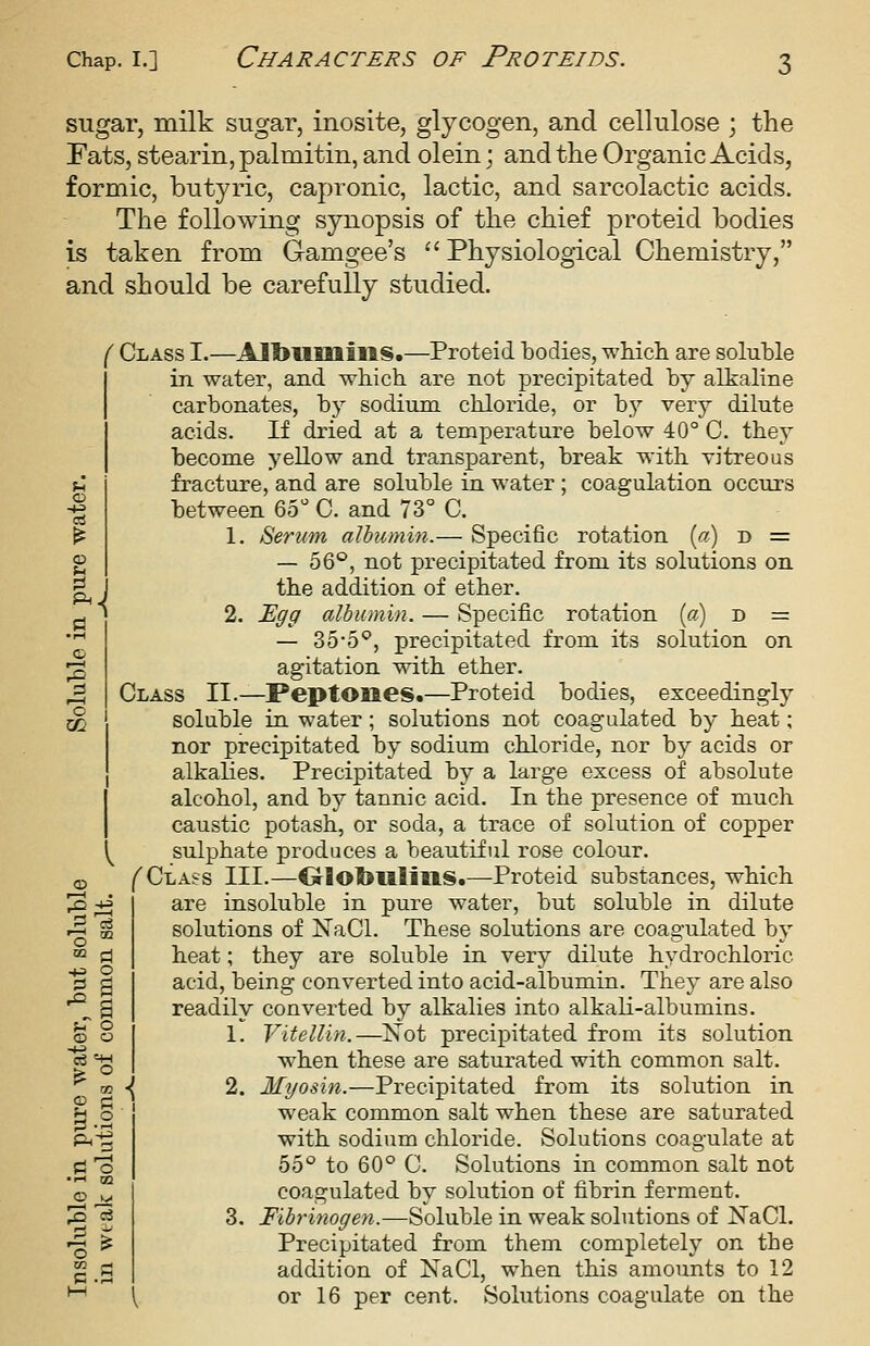 sugar, milk sugar, inosite, glycogen, and cellulose ; the Fats, stearin, palmitin, and olein; and the Organic Acids, formic, butyric, capronic, lactic, and sarcolactic acids. The following synopsis of the chief proteid bodies is taken from Gamgee's Physiological Chemistry, and should be carefully studied. ( Class I.—Albumilts.—Proteid bodies, wMcli are soluble in water, and which, are not precipitated by alkaline carbonates, by sodium chloride, or b_y very dilute acids. If dried at a temperature below 40° C. they become yellow and transparent, break with yitreous fracture, and are soluble in water ; coagulation occurs between 65'^ C. and 73° C. 1. Serum albumin.— Specific rotation (a) d = — 56°, not precipitated from its solutions on the addition of ether. 2. Egg albumin. — Specific rotation [a) d = — 3o-5*^, precipitated from its solution on agitation with ether. Class II.—Peptones.—Proteid bodies, exceedingly j£ soluble in water ; solutions not coagulated by heat; nor precipitated by sodium chloride, nor by acids or alkalies. Precipitated by a large excess of absolute alcohol, and by tannic acid. In the presence of much caustic potash, or soda, a trace of solution of copper j^ sulphate produces a beautiful rose colour. (33 /^Class III.—€rlol>uliilS.—Proteid substances, which are insoluble in pure water, but soluble in dilute solutions of NaCl. These solutions are coagulated by heat; they are soluble in very dilute hydrochloric acid, being converted into acid-albumin. They are also readily converted by alkalies into alkali-albumins. 1. Vitellin.—Xot precipitated from its solution when these are saturated with common salt. \ 2. Myosin.—Precipitated from its solution in weak common salt when these are saturated with sodium chloride. Solutions coagulate at 55 to 60° C. Solutions in common salt not coagulated by solution of fibrin ferment. 3. Fibrinogen.—Soluble in weak solutions of XaCl. Precipitated from them completely on the addition of NaCl, when this amounts to 12 \ or 16 per cent. Solutions coagulate on the 'o « m pi +3 O 4 P o <D O ^ Z p! o I* c .3