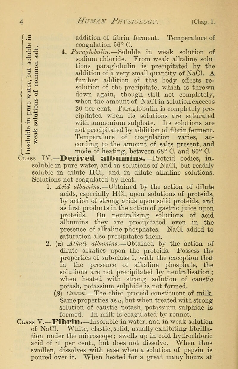 '.S addition of fibrin ferment. Temperature of ^ . coagulation 56^ C. '%% 4. FaraglohuUn.—Soluble in -weak solution of 'o ^ sodium chloride. From weak alkaline solu- ^ o tions paragiobulin is precipitated by the ^ I addition of a very small quantity of NaCl. A ^ o further addition of this body effects re- ^ _ solution of the precipitate, which is thrown ■{ ^ o down again, though still not completely, G § when the amoimt of I^aCl in solution exceeds ^ .2 20 per cent. Paragiobulin is completely pre- ^^ cipitated when its solutions are saturated •'^ § with ammonium sulphate. Its solutions are -2 j-i not precipitated by addition of fibrin ferment. ^ I Temperature of coagulation varies, ac- g ^ cording to the amount of salts present, and {^B mode of heating, between 68'' C. and 80° C. Class IV.—Derived albmiiiiis.—Proteid bodies, in- soluble in pure water, and in solutions of XaCl, but readily soluble in dilute HCl, and in dilute alkaline solutions. Solutions not coagulated by heat. 1. Acid albumins.—Obtained by the action of dilute acids, especially HCl, upon solutions of proteids, by action of strong acids upon solid proteids, and as first products in the action of gastric juice upon proteids. On neutralising solutions of acid albumins they are precipitated even in the presence of alkaline phosphates. NaCl added to saturation also precipitates them. 2. (a) Alkali albumins.—Obtained by the action of dilute alkalies upon the proteids. Possess the properties of sub-class 1, with the exception that in the presence of alkaline phosphate, the solutions are not precipitated by neutralisation; when heated with strong solution of caustic potash, potassium sulphide is not fonaied. (;3) Casein.—The chief proteid constituent of milk. Same properties as a, but when treated with strong solution of caustic potash, potassium sulphide is formed. In milk is coagulated by rennet. Class Y.—Fitorill.—Insoluble in water, and in weak solution of NaCl. White, elastic, solid, usually exhibiting fibrilla- tion under the microscope ; swells up in cold hydrochloric acid of -1 per cent., but does not dissolve. When thus swollen, dissolves witli ease when a solution of pepsin is poured over it. When heated for a great many hours at