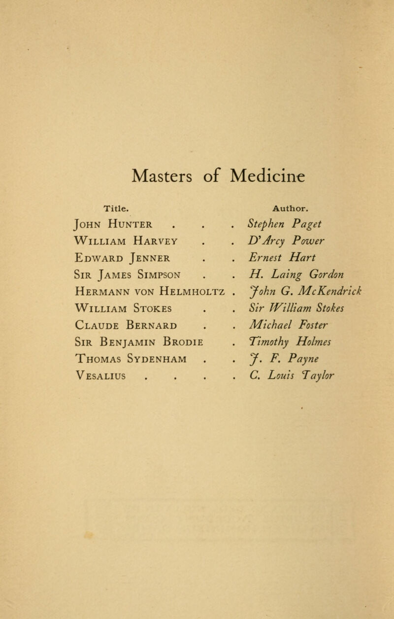 Masters of Medicine Title. John Hunter William Harvey Edward Jenner Sir James Simpson Hermann von Helmholtz . William Stokes Claude Bernard Sir Benjamin Brodie Thomas Sydenham Vesalius . . . . Author. Stephen Paget D^Arcy Power Ernest Hart H. Laing Gordon yohn G. McKendrick Sir TVilliam Stokes Michael Foster Timothy Holmes y. F. Payne a L outs Taylt or