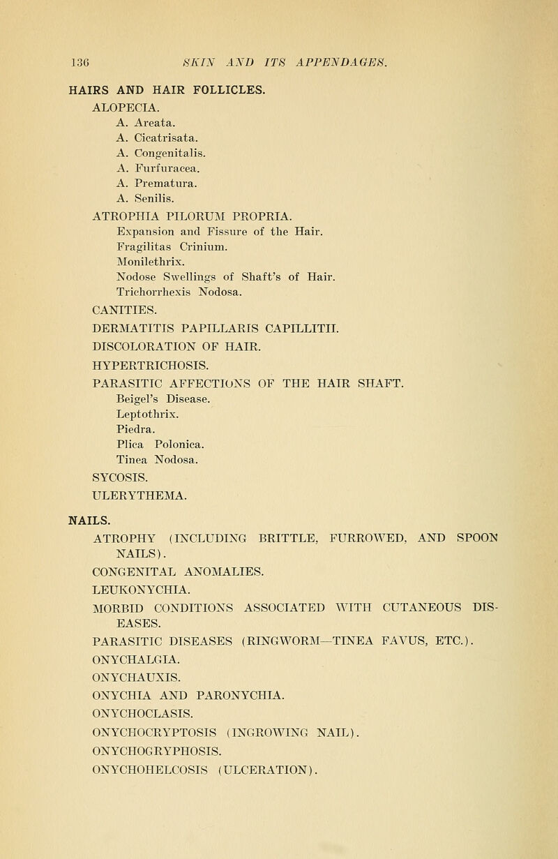 HAIRS AND HAIR FOLLICLES. ALOPECIA. A. Areata. A. Cicatrisata. A. Congenitalis. A. Furfuraeea. A. Prematura. A. Senilis. ATROPHIA PILORUM PROPRIA. Expansion and Fissure of the Hair. Fragilitas Crinium. Monilethrix. Nodose Swellings of Shaft's of Hair. Trichorrhexis Nodosa. CANITIES. DERMATITIS PAPILLARIS CAPILLITII. DISCOLORATION OF HAIR. HYPERTRICHOSIS. PARASITIC AFFECTIONS OF THE HAIR SHAFT. Beigel's Disease. Leptothrix. Piedra. Plica Polonica. Tinea Nodosa. SYCOSIS. ULERYTHEMA. NAILS. ATROPHY (INCLUDING BRITTLE, FURROWED, AND SPOON NAILS). CONGENITAL ANOMALIES. LEUKONYCHIA. MORBID CONDITIONS ASSOCIATED WITH CUTANEOUS DIS- EASES. PARASITIC DISEASES (RINGWORM—TINEA FAVUS, ETC.). ONYCHALGIA. ONYCHAUXIS. ONYCHIA AND PARONYCHIA. ONYCHOCLASIS. ONYCHOCRYPTOSIS (INGROWING NAIL). ONYCHOG R YPHOSIS. ONYCHOHELCOSIS (ULCERATION).