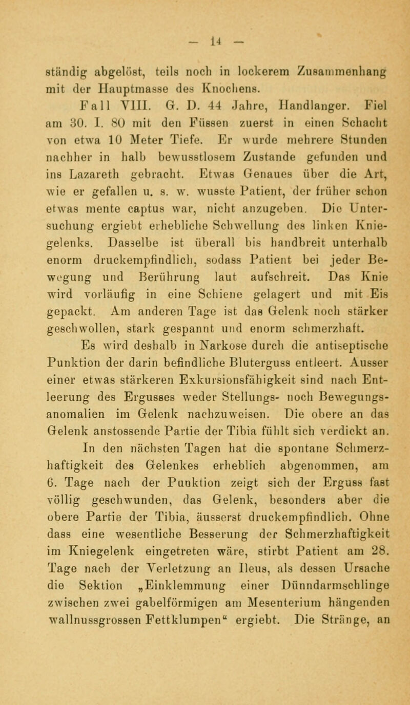 ständig abgelöst, teils noch in lockerem Zusammenhang mit der Hauptmasse des Knochens. Fall VIII. G. D. 44 Jahre, Handlanger. Fiel am 30. I. 80 mit den Füssen zuerst in einen Schacht von etwa 10 Meter Tiefe. Er wurde mehrere Stunden nachher in halb bewusstlosem Zustande gefunden und ins Lazareth gebracht. Etwas Genaues über die Art, wie er gefallen u. s. w. wussto Patient, der früher schon etwas mente captus war, nicht anzugeben. Die Unter- suchung ergiebt erhebliche Schwellung des linken Knie- gelenks. Dasselbe ist überall bis handbreit unterhalb enorm druckempfindlich, sodass Patient bei jeder Be- wegung und Berührung laut aufschreit. Das Knie wird vorläufig in eine Schiene gelagert und mit Eis gepackt. Am anderen Tage ist das Gelenk noch stärker geschwollen, stark gespannt und enorm schmerzhaft. Es wird deshalb in Narkose durch die antiseptische Punktion der darin befindliche Bluterguss entleert. Ausser einer etwas stärkeren Exkursionsfähigkeit sind nach Ent- leerung des Ergusses weder Stellungs- noch Bewegungs- anomalien im Gelenk nachzuweisen. Die obere an das Gelenk anstossende Partie der Tibia fühlt sich verdickt an. In den nächsten Tagen hat die spontane Schmerz- haftigkeit des Gelenkes erheblich abgenommen, am G. Tage nach der Punktion zeigt sich der Erguss fast völlig geschwunden, das Gelenk, besonders aber die obere Partie der Tibia, äusserst druckempfindlich. Ohne dass eine wesentliche Besserung der Schmerzhaftigkeit im Kniegelenk eingetreten wäre, stirbt Patient am 28, Tage nach der Verletzung an Ileus, als dessen Ursache die Sektion „Einklemmung einer Dünndarmschlinge zwischen zwei gabelförmigen am Mesenterium hängenden wallnussgrossen Fettklumpen ergiebt. Die Stränge, an