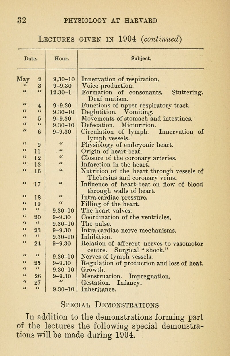 Lectures given in 1904 {continued) Date. Hour. Subject. May 2 9.30-10 Innervation of respiration.  3 9-9.30 Voice production. «< u 12.30-1 Formation of consonants. Stuttering. Deaf mutism.  4 9-9.30 Functions of upper respiratory tract. U tc 9.30-10 Deglutition. Vomiting.  5 9-9.30 Movements of stomach and intestines. « <C 9.30-10 Defecation. Micturition.  6 9-9.30 Circulation of lymph. Innervation of lymph vessels. 9 M Physiology of embryonic heart.  11 (( Origin of heart-beat. « 12 « Closure of the coronary arteries.  13 «« Infarction in the heart.  16 (« Nutrition of the heart through vessels of Thebesius and coronary veins. « 17 (( Influence of heart-beat on flow of blood through walls of heart.  18 tt Intra-cardiac pressure.  19 (( Filling of the heart. (C <( 9.30-10 The heart valves.  20 9-9.30 Coordination of the ventricles. « « 9.30-10 The pulse.  23 9-9.30 Intra-cardiac nerve mechanisms. « << 9.30-10 Inhibition.  24 9-9.30 Relation of afferent nerves to vasomotor centre. Surgical  shock. « « 9.30-10 Nerves of lymph vessels. « 25 9-9.30 Regulation of production and loss of heat. « « 9.30-10 Growth.  26 9-9.30 Menstruation. Impregnation. « 27 tt Gestation. Infancy. « <« 9.30-10 Inheritance. Special Demonstrations In addition to the demonstrations forming part of the lectures the following special demonstra- tions will be made during 1904.
