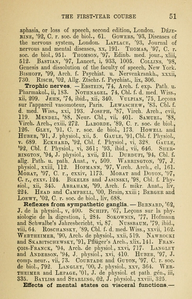 aphasia, or loss of speech, second edition, London. Deje- rine, '92, C. r. soc. de biol., 61. Gowers, '93, Diseases of the nervous system, London. Laplace, '93, Journal of nervous and mental diseases, xx, 191. Thomas, '97, C. r. soc. de biol., 951. Thomson, '97, Edinb. med. jour., xliii, 512. Bastian, '97, Lancet, i, 933, 1005. Collins, '98, Genesis and dissolution of the faculty of speech, New York. Bishoff, '99, Arch. f. Psychiat. u. Nervenkrankh., xxxii, 730. Risch, '02, Allg. Ztschr. f. Psychiat., lix, 306. Trophic nerves. — Ebstein, '74, Arch. f. exp. Path. u. Pharmakol., ii, 183. Nothnagel, 74, Cbl. f. d. med. Wiss., xii, 209. Jehn, '74, ibid., xii, 340. Vulpian, '75, Lecons sur l'appareil vasomoteur, Paris. Letvaschew, '83, Cbl. f. d. med. Wiss., xxi, 193. Joseph, '87, Vireh. Arch., cvii, 119. Mendel, '88, Neur. Cbl., vii, 401. Samuel, '88, Virch. Arch., cxiii, 272. Laborde, '89, C. r. soc. de biol., 126. Glet, '91, C. r. soc. de biol., 173. Howell and Huber, '91, J. physiol., xii, 5. Gaule, '91, Cbl. f. Physiol., t. 689. Eckhard, '92, Cbl. f. Physiol., vi, 328. Gaule, '92, Cbl. f. Physiol., vi, 361; '93, ibid., vii, 646. Sher- rington, '94, J. physiol., xvii, 211. Durdtjfi, '94, Cbl. f. allg. Path. u. path. Anat., v, 509. Warrington, '97, J. physiol., xxiii, 112. Hofmann, '97, Virch. Arch., cl, 161. Morat, '97, C r., cxxiv, 1173. Morat and Doton, '97, C. r., cxxv, 124. Bikeles and Jasinski, '98, Cbl. f. Phy- siol., xii, 345. Abraham, '99, Arch. f. mikr. Anat., liv, 224. Head and Campbell, '00, Brain, xxiii; Berger and Loewt, '02, C. r. soc. de biol., liv, 688. Reflexes from sympathetic ganglia. — Bernard, '62, J. de la physiol., v, 400. Schiff, '67, Lecons sur la phy- siologie de la digestion, i, 284. Sokownin, '77, Hofmann and Schwalbe's Jahresbericht, vi, 87. Nussbaum, '79, ibid., viii, 64. Roschansky, '89, Cbl. f. d. med. Wiss., xxvii, 162. Wertheimer, '90, Arch, de physiol., xxii, 519. Nawrocki and Skabitschewskt, '91, Pfliiger's Arch., xlix, 141. Pran- 9ois-Franck, '94, Arch, de physiol., xxvi, 717- Langley and Anderson, '94, J. physiol., xvi, 410. Huber, '97, J. comp. neur., vii, 73. Courtade and Guyon, '97, C. r. soc. de biol., 792. Langley, '00, J. physiol., xxv, 364. Wer- theimer and Lepage, '01, J. de physiol. et path, gen., iii, 335. Bayliss and Starling, 02, J. physiol., xxviii, 325. Effects of mental states on visceral functions.—