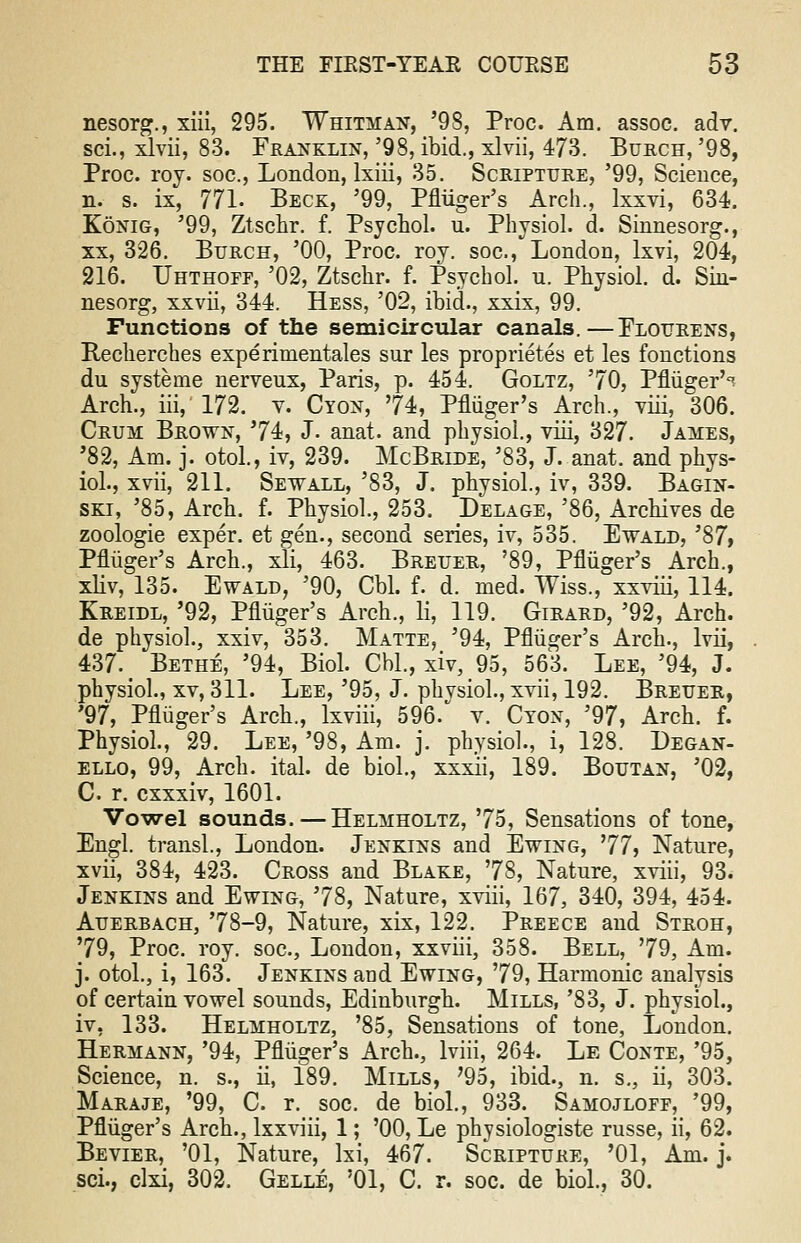 nesorg., xiii, 295. Whitman, '98, Proc. Am. assoc. adv. sci., xlvii, 83. Franklin, '98, ibid., xlvii, 473. Burch, '98, Proc. roy. soc, London, lxiii, 35. Scripture, '99, Science, n. s. ix, 771. Beck, '99, Pfliiger's Arch., lxxvi, 634. Konig, '99, Ztschr. f. Psychol, u. Physiol, d. Sinnesorg., xx, 326. Burch, '00, Proc. roy. soc, London, lxvi, 204, 216. Uhthoef, '02, Ztschr. f. Psychol, u. Physiol, d. Sin- nesorg, xxvii, 344. Hess, '02, ibid., xxix, 99. Functions of the semicircular canals.—Plottrens, Recherches experimentales sur les proprietes et les fonctions du systeme nerveux, Paris, p. 454. Goltz, '70, Pfluger'0! Arch., iii, 172. v. Cyon, '74, Pfliiger's Arch., viii, 306. Crum Brown, '74, J. anat. and physiol., viii, 327. James, '82, Am. j. otol., iv, 239. McBride, '83, J. anat. and phys- iol., xvii, 211. Sewall, '83, J. physiol., iv, 339. Bagin- ski, '85, Arch. f. Physiol., 253. Delage, '86, Archives de zoologie exper. et gen., second series, iv, 535. Ewald, '87, Pfliiger's Arch., xli, 463. Breuer, '89, Pfliiger's Arch., xliv, 135. Ewald, '90, Cbl. f. d. med. Wiss., xxviii, 114. Kreidl, '92, Pfliiger's Arch., li, 119. Girard, '92, Arch. de physiol., xxiv, 353. Matte, '94, Pfliiger's Arch., lvii, 437. Bethe, '94, Biol. Cbl, xiv, 95, 563. Lee, '94, J. physiol., xv, 311. Lee, '95, J. physiol., xvii, 192. Breuer, '97, Pfliiger's Arch., lxviii, 596. v. Cton, '97, Arch. f. Physiol., 29. Lee, '98, Am. j. physiol., i, 128. Degan- ello, 99, Arch. ital. de biol., xxxii, 189. Boutan, '02, C. r. cxxxiv, 1601. Vowel sounds.—Helmholtz, '75, Sensations of tone, Engl, transl., London. Jenkins and Ewing, :77f Nature, xvii, 384, 423. Cross and Blake, '78, Nature, xviii, 93. Jenkins and Ewing, '78, Nature, xviii, 167, 340, 394, 454. Auerbach, '78-9, Nature, xix, 122. Preece aud Stroh, '79, Proc. roy. soc, London, xxviii, 358. Bell, '79, Am. j. otol., i, 163. Jenkins and Ewing, '79, Harmonic analysis of certain vowel sounds, Edinburgh. Mills, '83, J. physiol., iv, 133. Helmholtz, '85, Sensations of tone, London. Hermann, '94, Pfliiger's Arch., lviii, 264. Le Conte, '95, Science, n. s., ii, 189. Mills, '95, ibid., n. s., ii, 303. Maraje, '99, C. r. soc. de biol., 933. Samojloff, '99, Pfliiger's Arch., lxxviii, 1; '00, Le physiologiste russe, ii, 62. Bevier, '01, Nature, lxi, 467. Scripture, '01, Am. j. sci., clxi, 302. Gelle, '01, C. r. soc. de biol., 30.