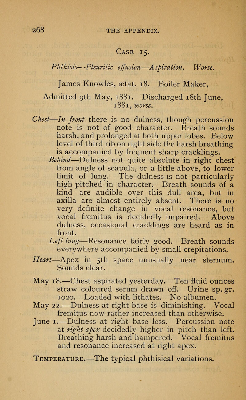 Case 15. Phthisis—-Pleuritic effusion—Aspiration. Worse. James Knowles, aetat. 18. Boiler Maker, Admitted 9th May, 1881. Discharged i8th June, 1881, worse. Chest—In front there is no dulness, though percussion note is not of good character. Breath sounds harsh, and prolonged at both upper lobes. Below level of third rib on right side the harsh breathing is accompanied by frequent sharp cracklings. Behind—Dulness not quite absolute in right chest from angle of scapula, or a little above, to lower limit of lung. The dulness is not particularly high pitched in character. Breath sounds of a kind are audible over this dull area, but in axilla are almost entirely absent. There is no very definite change in vocal resonance, but vocal fremitus is decidedly impaired. Above dulness, occasional cracklings are heard as in front. Left lung—Resonance fairly good. Breath sounds everywhere accompanied by small crepitations. Heart—Apex in 5th space unusually near sternum. Sounds clear. May 18.—Chest aspirated yesterday. Ten fluid ounces straw coloured serum drawn off. Urine sp. gr. 1020. Loaded with lithates. No albumen. May 22.—Dulness at right base is diminishing. Vocal fremitus now rather increased than otherwise. June I.—Dulness at right base less. Percussion note at right apex decidedly higher in pitch than left. Breathing harsh and hampered. Vocal fremitus and resonance increased at right apex. Temperature.—The typical phthisical variations.