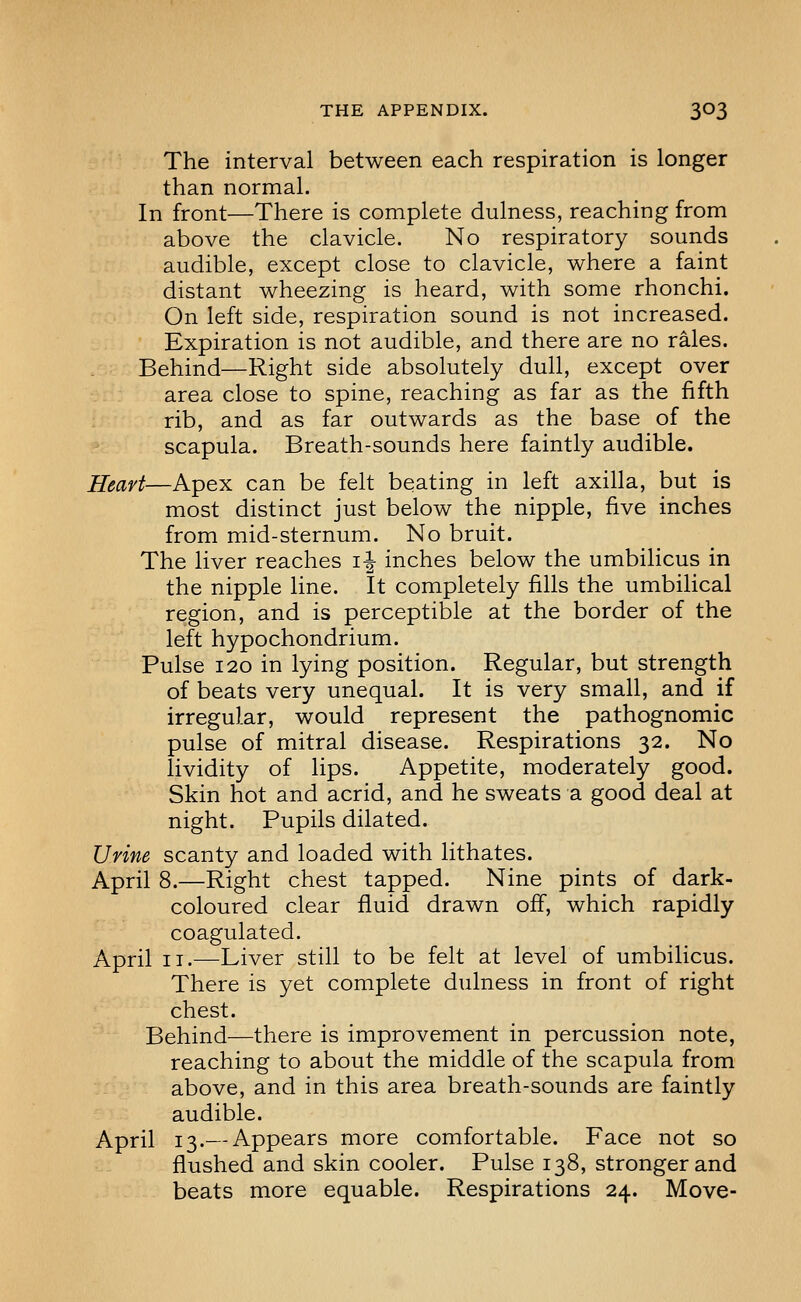 The interval between each respiration is longer than normal. In front—There is complete dulness, reaching from above the clavicle. No respiratory sounds audible, except close to clavicle, where a faint distant wheezing is heard, with some rhonchi. On left side, respiration sound is not increased. Expiration is not audible, and there are no rales. Behind—Right side absolutely dull, except over area close to spine, reaching as far as the fifth rib, and as far outwards as the base of the scapula. Breath-sounds here faintly audible. Heart—Apex can be felt beating in left axilla, but is most distinct just below the nipple, five inches from mid-sternum. No bruit. The liver reaches if inches below the umbilicus in the nipple line. It completely fills the umbilical region, and is perceptible at the border of the left hypochondrium. Pulse 120 in lying position. Regular, but strength of beats very unequal. It is very small, and if irregular, would represent the pathognomic pulse of mitral disease. Respirations 32. No lividity of lips. Appetite, moderately good. Skin hot and acrid, and he sweats a good deal at night. Pupils dilated. Urine scanty and loaded with lithates. April 8.—Right chest tapped. Nine pints of dark- coloured clear fluid drawn off, which rapidly coagulated. April II.—Liver still to be felt at level of umbilicus. There is yet complete dulness in front of right chest. Behind—there is improvement in percussion note, reaching to about the middle of the scapula from above, and in this area breath-sounds are faintly audible. April 13.— Appears more comfortable. Face not so flushed and skin cooler. Pulse 138, stronger and beats more equable. Respirations 24. Move-