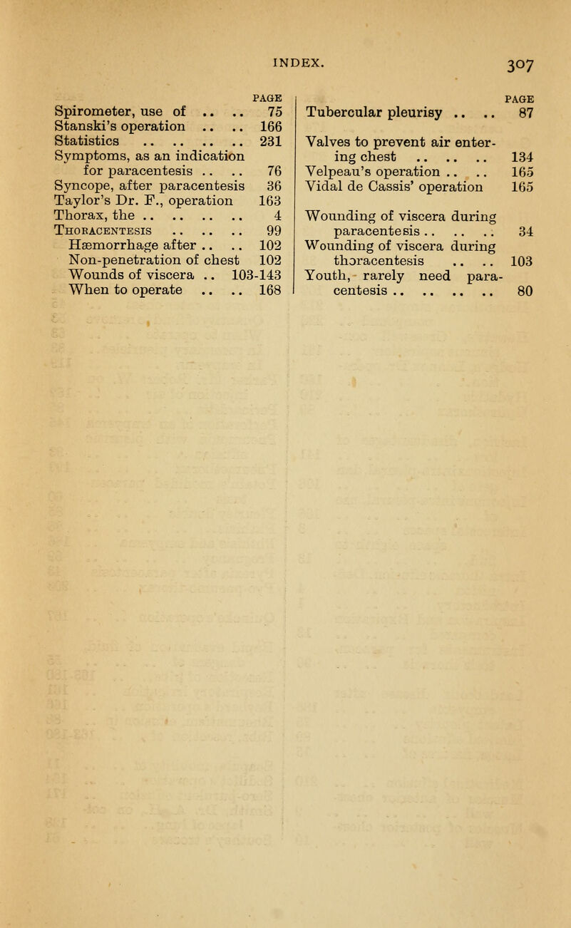 PAGE Spirometer, use of .. .. 75 Stanski's operation .. .. 166 Statistics 231 Symptoms, as an indication for paracentesis .. .. 76 Syncope, after paracentesis 36 Taylor's Dr. F., operation 163 Thorax, the 4 Thobacentesis 99 Haemorrhage after ,. .. 102 Non-penetration of chest 102 Wounds of viscera .. 103-143 When to operate .. .. 168 Tubercular pleurisy PAGE 87 Valves to prevent air enter- ing chest 134 Velpeau's operation .. .. 165 Vidal de Cassis' operation 165 Wounding of viscera during paracentesis 34 Wounding of viscera during thoracentesis .. .. 103 Youth, rarely need para- centesis 80