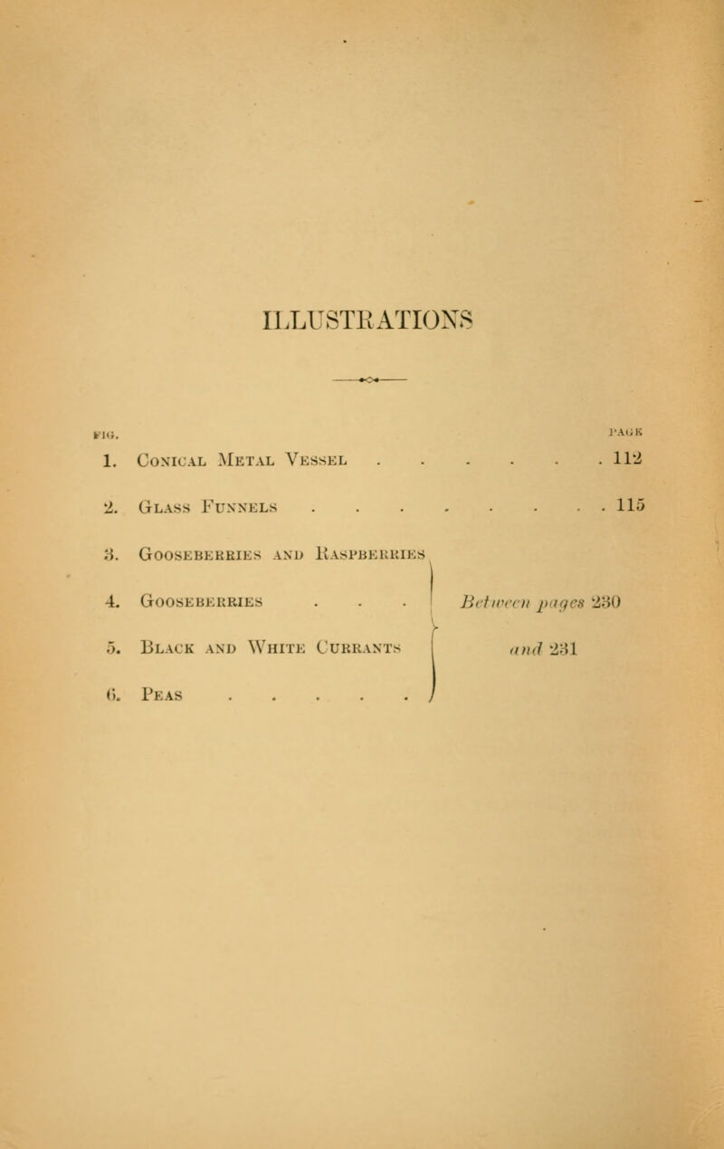 ILLUSTRATIOXS 1. Conical Metal Vessel 112 2. Glass Funnels 115 ii. Gooseberries and Kaspbeukies 4. Gooseberries . . .1 Between nnaes 280 \ 5. Black and White Currants \ ,,nd 2H1 (). Peas