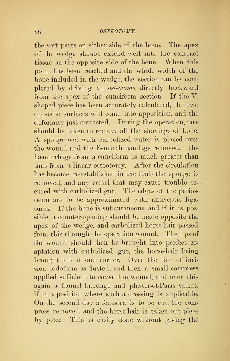 the soft parts on either side of the bone. The apex of the wedge should extend well into the compact tissue on the opposite side of the bone. When this point has been reached and the whole width of the bone included in the wedge, the section can be com- pleted by driving an osteotome directly backward from the apex of the cuneiform section. If the V- shaped piece has been accurately calculated, the two opposite surfaces will come into apposition, and the deformity just corrected. During the operation, care should be taken to remove all the shavings of bone. A sponge wet with carbolized water is placed over the wound and the Esmarch bandage removed. The haemorrhage from a cuneiform is much greater than that from a linear osteotomy. After the circulation has become re-established in the limb the sponge is removed, and any vessel that may cause trouble se- cured with carbolized gut. The edges of the perios- teum are to be approximated with antiseptic liga- tures. If the bone is subcutaneous, and if it is pos- sible, a counter-opening should be made opposite the apex of the wedge, and carbolized horse-hair passed from this through the operation wound. The lips of the wound should then be brought into perfect co- aptation with carbolized gut, the horse-hair being brought out at one corner. Over the line of inci- sion iodoform is dusted, and then a small compress applied sufficient to cover the wound, and over this again a flannel bandage and plaster-of-Paris splint, if in a position where such a dressing is applicable. On the second day a fenestra is to be cut, the com- press removed, and the horse-hair is taken out piece by piece. This is easily done without giving the
