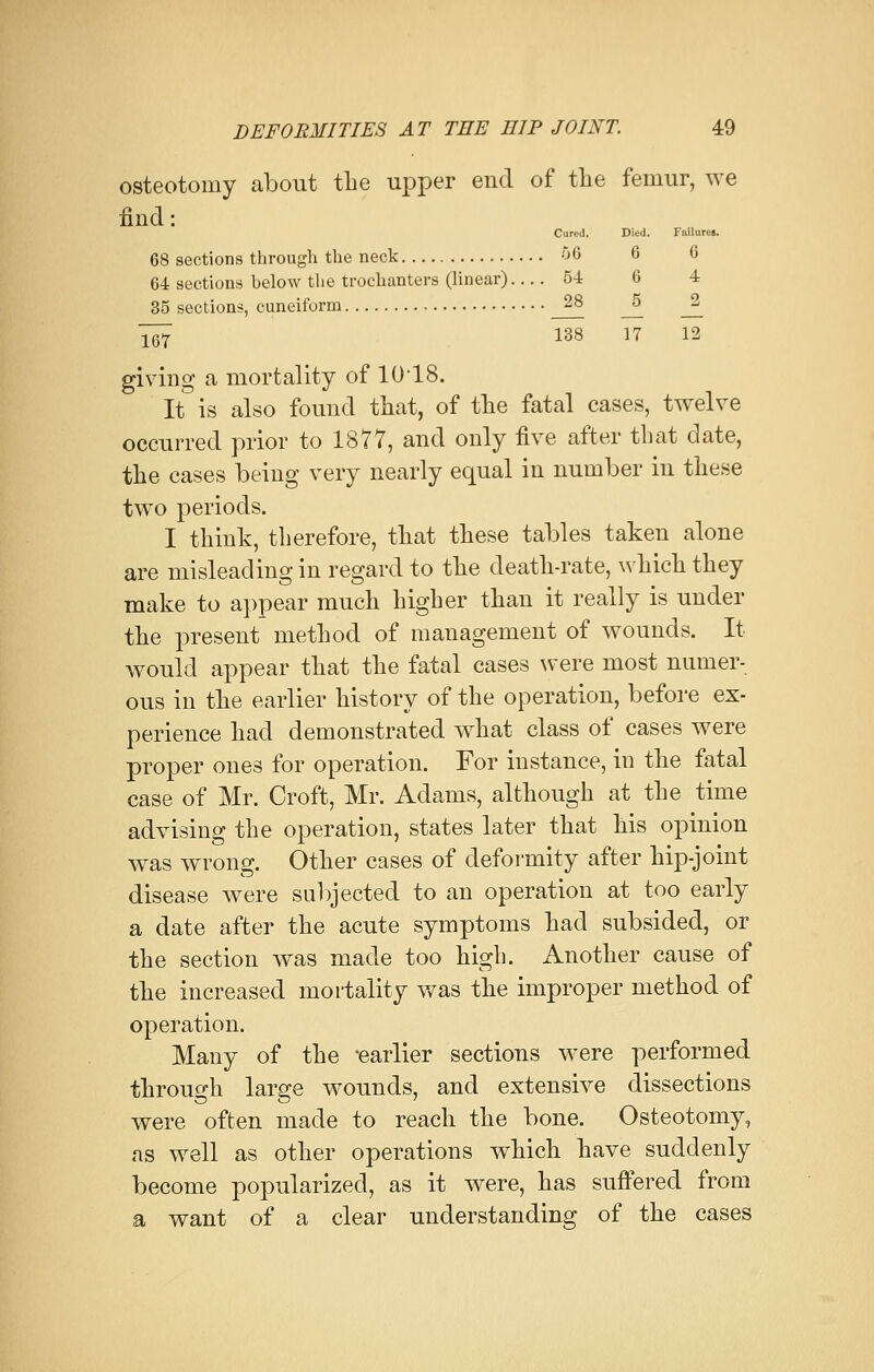 osteotomy about the upper end of the femur, we find: Cured. Died. Failures. 68 sections through the neck 56 6 G 64 sections below the trochanters (linear) 54 6 4 35 sections, cuneiform 28 2 138 17 12 167 giving a mortality of 10-18. It is also found that, of the fatal cases, twelve occurred prior to 1877, and only five after that date, the cases being very nearly equal in number in these two periods. I think, therefore, that these tables taken alone are misleading in regard to the death-rate, which they make to appear much higher than it really is under the present method of management of wounds. It would appear that the fatal cases were most numer- ous in the earlier history of the operation, before ex- perience had demonstrated what class of cases were proper ones for operation. For instance, in the fatal case of Mr. Croft, Mr. Adams, although at the time advising the operation, states later that his opinion was wrong. Other cases of deformity after hip-joint disease were subjected to an operation at too early a date after the acute symptoms had subsided, or the section was made too high. Another cause of the increased mortality was the improper method of operation. Many of the -earlier sections were performed through large wounds, and extensive dissections were often made to reach the bone. Osteotomy, as well as other operations which have suddenly become popularized, as it were, has suffered from a want of a clear understanding of the cases