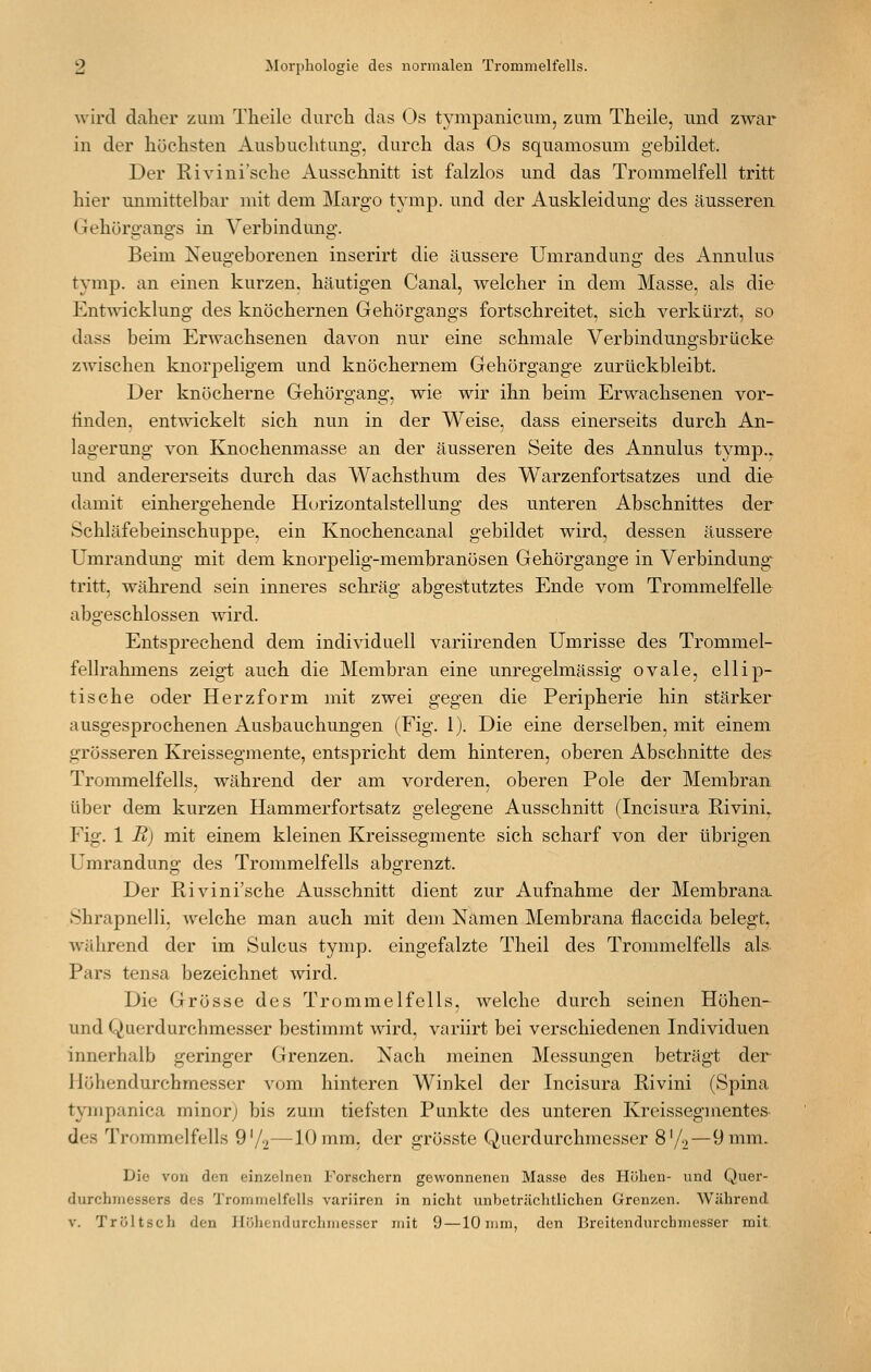 wird daher zum Theile durch das Os tympanicum, zum Theile, und zwar in der höchsten Ausbuchtung, durch das Os squamosum gebildet. Der Rivini'sche Ausschnitt ist falzlos und das Trommelfell tritt hier unmittelbar mit dem Margo tvmp. nnd der Auskleidung des äusseren Gehürgangs in Verbindung. Beim Neugeborenen inserirt die äussere Umrandung des Annulus tymp. an einen kurzen, häutigen Canal, welcher in dem Masse, als die Entwicklung des knöchernen Gehörgangs fortschreitet, sich verkürzt, so dass beim Erwachsenen davon nur eine schmale Verbindungsbrücke zwischen knorpeligem und knöchernem Gehörgange zurückbleibt. Der knöcherne Gehörgang, wie wir ihn beim Erwachsenen vor- tinden, entwickelt sich nun in der Weise, dass einerseits durch An- lagerung von Ivnochenmasse an der äusseren Seite des Annulus tymp., und andererseits durch das Wachsthum des Warzenfortsatzes und die damit einhergehende Hurizontalstellung des unteren Abschnittes der Schläfebeinschuppe, ein Knochencanal gebildet wird, dessen äussere Umrandung mit dem knorpelig-membranösen Gehörgange in Verbindung tritt, während sein inneres schräff absrestutztes Ende vom Trommelfelle abgeschlossen wird. Entsprechend dem individuell variirenden Umrisse des Trommel- fellrahmens zeigt auch die Membran eine unregelmässig ovale, ellip- tische oder Herzform mit zwei gegen die Peripherie hin stärker ausgesprochenen Ausbauchungen (Fig. 1). Die eine derselben, mit einem grösseren Kreissegmente, entspricht dem hinteren, oberen Abschnitte des Trommelfells, während der am vorderen, oberen Pole der Membran über dem kurzen Hammerfortsatz gelegene Ausschnitt (Incisura Rivini^ Fig. 1 R) mit einem kleinen Kreissegmente sich scharf von der übrigen Umrandung des Trommelfells abgrenzt. Der Rivini'sche Ausschnitt dient zur Aufnahme der Membrana Shrapnelli, welche man auch mit dem Namen Membrana flaccida belegt. während der im Sulcus tymp. eingefalzte Theil des Tronmielfells als Pars tensa bezeichnet wird. Die Grösse des Trommelfells, welche durch seinen Höhen- und Querdurchmesser bestimmt wird, variirt bei verschiedenen Individuen innerhalb geringer Grenzen. Nach meinen Messungen beträgt der Ilöhendurchmesser vom hinteren Winkel der Incisura Rivini (Spina tympanica minor^ bis zum tiefsten Punkte des unteren Kreisseginentes des Trommelfells 9'/2—10 mm. der grösste Querdurchmesser S'/o—9 mm. Die von den einzelnen Forschern gewonnenen Masse des Höhen- und Quer- durchinessers des Trommelfells variiren in nicht unbeträchtlichen Grenzen. Während V. Tröltsch den Ilöhendurchmesser mit 9—10mm, den Breitendurchmesser mit.