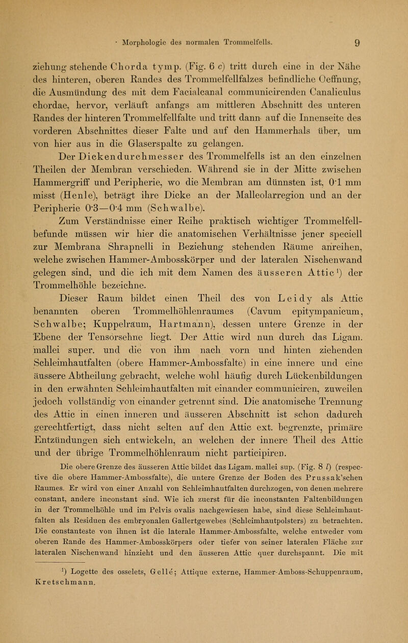 Ziehung stehende Chorda tymp. (Fig. 6 c) tritt durch eine in der Nähe des hinteren, oberen Randes des Trommelfellfalzes befindliche Oeflfnung, die Ausmündung des mit dem Facialcanal communicirenden Canaliculus chordae, hervor, verläuft anfangs am mittleren Abschnitt des unteren Randes der hinteren Trommelfell falte und tritt dann- auf die Innenseite des vorderen Abschnittes dieser Falte und auf den Hammerhals über, um von hier aus in die Glaserspalte zu gelangen. Der Dickendurchmesser des Trommelfells ist an den einzelnen Theilen der Membran verschieden. Während sie in der Mitte zwischen Hammergriff und Peripherie, wo die Membran am dünnsten ist, O'l mm misst (Henle), beträgt ihre Dicke an der Malleolarregion und an der Peripherie 0*3—04 mm (Schwalbe). Zum Verständnisse einer Reihe praktisch wichtiger Trommelfell- befunde müssen wir hier die anatomischen Verhältnisse jener speciell zur Membrana Shrapnelli in Beziehung stehenden Räume anreihen, welche zwischen Hammer-Ambosskörper und der lateralen Mschenwand gelegen sind, und die ich mit dem Namen des äusseren Attic') der Trommelhöhle bezeichne. Dieser Raum bildet einen Theil des von L e i d y als Attic benannten oberen Trommelhöhlenraumes (Cavum epitympanicum, Schwalbe; Kuppelraum, Hartmann), dessen untere Grenze in der Ebene der Tensorsehne liegt. Der Attic wird nun durch das Ligam. mallei super, und die von ihm nach vorn und hinten ziehenden Schleimhautfalten (obere Hammer-Ambossfalte) in eine innere und eine äussere Abtheilung gebracht, welche wohl häufig durch Lückenbildungen in den erwähnten Schleimhautfalten mit einander communiciren, zuweilen jedoch vollständig von einander getrennt sind. Die anatomische Trennung des Attic in einen inneren und äusseren Abschnitt ist schon dadurch gerechtfertigt, dass nicht selten auf den Attic ext. begrenzte, primäre Entzündungen sich entwickeln, an welchen der innere Theil des Attic und der übrige Trommelhöhlenraura nicht participiren. Die obere Grenze des äusseren Attic bildet das Ligam. mallei sup. (Fig. 8 l) (respec- tive die obere Hammer-Ambossfalte), die untere Grenze der Boden des Prussak'schen Raumes. Er wird von einer Anzahl von Schleimhautfalten durchzogen, von denen mehrere constant, andere inconstant sind. Wie ich zuerst für die inconstanten Faltenbildungen in der Trommelhöhle und im Felvis ovalis nachgewiesen habe, sind diese Schleimhaut- falten als Eesiduen des embryonalen Gallertgewebes (Schleimhautpolsters) zu betrachten. Die constanteste von ihnen ist die laterale Hammer-Ambossfalte, welche entweder vom oberen Eande des Hammer-Ambosskörpers oder tiefer von seiner lateralen Fläche zur lateralen Nischenwand hinzieht und den äusseren Attic quer durchspannt. Die mit ^) Logette des osselets, Gelle; Attique externe, Hammer-Amboss-Schuppenraum, Kretschmann.