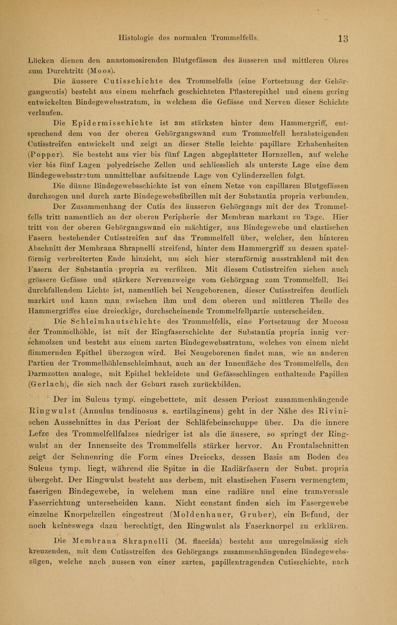 Lücken dienen den anastomosirenden Blutgefässen des äusseren und mittleren Ohres zum Durclitritt (Moos). Die äussere Cutisschichte des Trommelfells (eine Fortsetzung der Geliür- gangscutis) besteht aus einem mehrfach geschichteten Pflasterepithel und einem gering entwickelten Bindegewebsstratum, in welchem die Gefässe und Nerven dieser Schichte verlaufen. Die Epidermisschichte ist am stärksten hinter dem Hammergriff, ent- sprechend dem von der oberen Gehörgangswand zum Trommelfell herabsteigenden Cutisstreifen entwickelt und zeigt an dieser Stelle leichte ■ papilläre Erhabenheiten (Popper). Sie besteht aus vier bis fünf Lagen abgeplatteter Hornzellen, auf welche vier bis fünf Lagen polyedrische Zellen und schliesslich als unterste Lage eine dem Bindegewebsstr3tum unmittelbar aufsitzende Lage von Cylinderzellen folgt. Die dünne Bindegewebsschiehte ist von einem Netze von capillaren Blutgefässen durchzogen und durch zarte Bindegewebsfibrillen mit der Substantia propria verbunden. Der Zusammenhang der Cutis des äusseren Gehörgangs mit der des Trommel- fells tritt namentlich an der oberen Peripherie der Membran markant zu Tage. Hier tritt von der oberen Gehörgangswand ein mächtiger, aus Bindegewebe und elastischen Fasern bestehender Cutisstreifen auf das Trommelfell über, welcher, den hinteren Abschnitt der Membrana Shrapnelli streifend, hinter dem Hammergriff zu dessen spatel- förniig verbreiterten Ende hinzieht, um sich hier sternförmig ausstrahlend mit den Fasern der Substantia propria zu verfilzen. Mit diesem Cutisstreifen ziehen auch grössere Gefässe und stärkere Nervenzweige vom Gehörgang zum Trommelfell. Bei durchfallendem Lichte ist, namentlich bei Neugeborenen, dieser Cutisstreifen deutlich markirt und kann man zwischen ihm und dem oberen und mittleren Theile des Hammergriffes eine dreieckige, durchscheinende Trommelfellpartie unterscheiden. Die Schleimhautschichte des Trommelfells, eine Fortsetzung der Mucosa der Trommelhöhle, ist mit der Eingfaserschichte der Substantia propria innig ver- schmolzen und besteht aus einem zarten Bindegewebsstratum, welches von einem nicht flimmernden Epithel überzogen wird. Bei Neugeborenen findet man, wie an anderen Partien der Trommelhöhlenschleimhaut, auch an der Innenfläche des Trommelfells, den Darmzotten analoge, mit Epithel bekleidete und Gefässschlingen enthaltende Papillen (Gerlach), die sich nach der Geburt rasch zurückbilden. Der im Sulcus tymp'. eingebettete, mit dessen Periost zusammenliäugende Eingwulst (Annulus tendinosus s. cartilagineus) geht in der Nähe des Eivini- schen Ausschnittes in das Periost der Schläfebeinschuppe über. Da die innere Lefze des Trommelfellfalzes niedriger ist als die äussere, so springt der ßing- wulst an der Innenseite des Trommelfells stärker hervor. An Frontalsclinitten zeigt der Sehnenring die Form eines Dreiecks, dessen Basis am Boden des Sulcus tymp. liegt, während die Spitze in die Eadiärfasern der Subst. propria übergeht. Der Ringwulst besteht aus derbem, mit elastischen Fasei'n vermengtem faserigen Bindegewebe, in welchem man eine radiäre und eine transversale Faserrichtung unterscheiden kann. Nicht constant finden sich im Fasergewebe einzelne Knorpelzellen eingestreut (Moldenhauer, G-ruber), ein Befund, der noch keineswegs dazu berechtigt, den Eingwulst als Faserkuorpel zu erklären. Die Membrana Shrapnelli (M. flaccida) besteht aus unregelmässig sich kreuzenden, mit dem Cutisstreifen des Gehörgangs zusammenhängenden Bindegewebs- zügen, welche nach aussen von einer zarten, papillentragenden Cutisschichte, nach