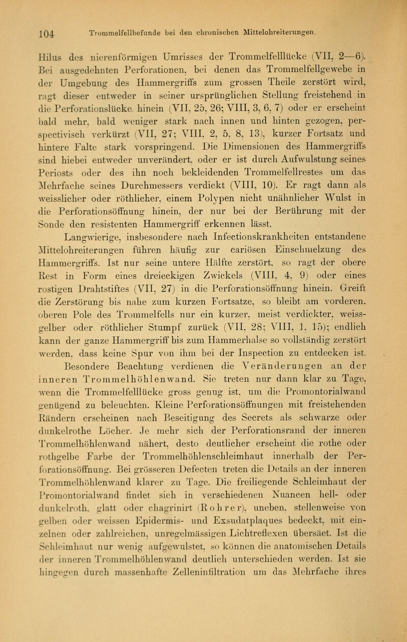 Hilus des niereiiförmigen Umrisses der Trommelfelllücke (VII, 2—6). Bei ausgedehnten Perforationen, bei denen das Trommelfellgewebe in der Umgebung des Hammergriffs zum grossen Theile zerstört wird, ragt dieser entweder in seiner ursprünglichen Stellung freistehend in die Perforationslücke hinein (VII, 25, 26; VIII, 3, 6, 7) oder er erscheint bald mehr, bald weniger stark nach innen und hinten gezogen, per- spectivisch verkürzt (VII, 27; VIII. 2, 5, 8, 13), kurzer Fortsatz und hintere Falte stark vorspringend. Die Dimensionen des Hammergriffs sind hiebei entweder unverändert, oder er ist durch Aufwulstung seines Periosts oder des ihn noch bekleidenden Trommelfellrestes um das Mehrfache seines Durchmessers verdickt (VIII, 10). Er ragt dann als weisslicher oder röthlicher. einem Polypen nicht unähnlicher Wulst in die Perforationsöffnung hinein, der nur bei der Berührung mit der Sonde den resistenten Hammergriff erkennen lässt. Lancrwieriffe, insbesondere nach Infectionskrankheiten entstandene Mittelohreiterungen führen häufig zur eariösen Einschmelzung des Hammergriffs. Ist nur seine untere Hälfte zerstört, so ragt der obere Rest in Form eines dreieckigen Zwickels (VIII, 4, 9) oder eines rostigen Drahtstiftes (VII, 27) in die Perforationsöffnung hinein. Greift die Zerstörung bis nahe zum kurzen Fortsatze, so bleibt am vorderen, oberen Pole des Trommelfells nur ein kurzer, meist verdickter, weiss- gelber oder röthlicher Stumpf zurück (VII, 28; VIII, L 15); endlich kann der ganze Hammergriff bis zum Hammerhalse so vollständig zerstört werden, dass keine Spur von ihm bei der Insjoection zu entdecken ist. Besondere Beachtung verdienen die Veränderungen an der inneren Trommelhöhlenwand. Sie treten nur dann klar zu Tage, wenn die Trommelfelllücke gross genug ist, um die Promontorialwand genügend zu beleuchten. Kleine Perforationsöffnungen mit freistehenden Ptändern erscheinen nach Beseitigung des Secrets als schwarze oder dunkelrothe Löcher. Je mehr sich der Perforationsrand der inneren Trommelhöhlenwand nähert, desto deuthcher erscheint die rothe oder rothgelbe Farbe der Trommelhöhlenschleimhaut innerhalb der Per- forationsöffnung. Bei grösseren Defecten treten die Details an der inneren Trommelhöhlenwand klarer zu Tage. Die freihegende Schleimhaut der Promontorialwand findet sich in verschiedenen Nuancen hell- oder dunkelroth. glatt oder chagrinirt (R obre r), uneben, stellenweise von gelben oder weissen Epidermis- und Exsudatplaques bedeckt, mit ein- zelnen oder zahlreichen, unregelmässigen Lichtreflexen übersäet. Ist die Schleimhaut nur wenig aufgewulstet, so können die anatomischen Details der inneren Trommelhöhlenwand deutlich unterschieden werden. Ist sie hingegen durch massenhafte Zelleninfiltration um das Mehrfache ihres