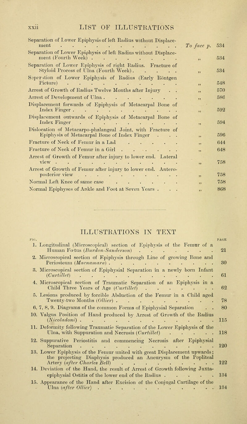 Separation of Lower Epiphysis of left Eadius without Displace- ment To face p. 534 Separation of Lower Epiphysis of left Radius without Displace- ment (Fourth Week) „ 534 Separation of Lower Epiphysis of right Eadius. Fracture of Styloid Process of Ulna (Fourth Week) „ 534 Separ ition of Lower Epiphysis of Radius (Early Rontgen Picture) „ 548 Arrest of Growth of Eadius Twelve Months after Injury . . „ 570 Arrest of Development of Ulna ....... ,, 586 Displacement forwards of Epiphysis of Metacarpal Bone of Index Finger .......... „ 592 Displacement outwards of Epiphysis of Metacarpal Bone of Index Finger ......... „ 594 Dislocation of Metacarpo-phalangeal Joint, with Fracture of Epiphysis of Metacarpal Bone of Index Finger ... „ 596 Fracture of Neck of Femur in a Lad ,, 644 Fracture of Neck of Femur in a Girl ...... ,, 648 Arrest of Growth of Femur after injury to lower end. Lateral view ,, 758 Arrest of Growth of Femur after injury to lower end. Antero- posterior view ......... „ 758 Normal Left Knee of same case ...... ,, 758 Normal Epiphyses of Ankle and Foot at Seven Years ... ,, 868 ILLUSTEATIONS IN TEXT FlO. PAGE 1. Longitudinal (Microscopical) section of Epiphysis of the Femur of a Human Fcetus {Burdon-Sanderson) ....... 21 2. Microscopical section of Epiphysis through Line of gi'owing Bone and Periosteum (Macnaniara) .......... 30 3. Microscopical section of Epiphj'sial Separation in a newly born Infant {Curtillet) 61 4.. Microscopical section of Traumatic Separation of an Epiphysis in a Child Three Years of Age {CurtiUef) . . . . \ . . 62 5. Lesions produced by forcible Abduction of the Femur in a Child aged Twenty-two Months {Oilier) 78 6, 7, 8, 9. Diagrams of the common Forms of Epiphysial Separation . . 80 10. Valgus Position of Hand produced by Arrest of Growth of the Radius {Nicoladoni) ............ 115 11. Deformity following Traumatic Separation of the Lower Epiphysis of the Ulna, with Suppuration and Necrosis {Curtillet) . . ... 118 12. Suppurative Periostitis and commencing Necrosis after Epiphysial Separation ............ 120 13. Lower Epiphj^sis of the Femur united with great Displacement upwards; the pi'ojecting Diaphysis produced an Aneurj'sni of the Popliteal Artery (after Charles Bell) 122 14. Deviation of the Hand, the result of Arrest of Growth following Juxtar epiphysial Ostitis of the lower end of the Radius ..... 134 15. Appearance of the Hand after Excision of the Conjugal Cartilage of the Ulna {after Oilier) 134