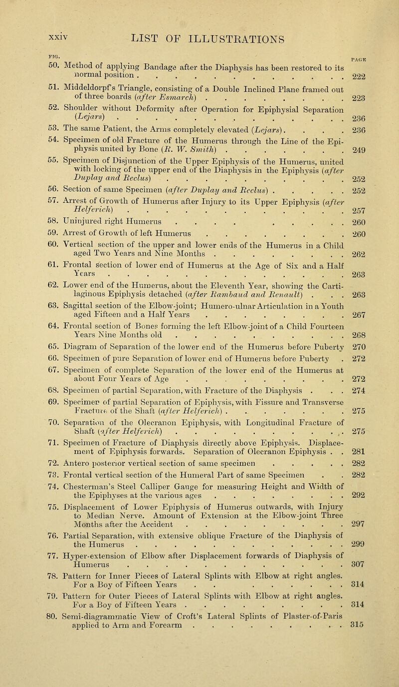 50. Method of applying Bandage after the Diaphysis has been restored to its normal position ............ 222 51. Middeldorpf s Triangle, consisting of a Double IncUned Plane framed out of three boards {after EsmarcK) 223 52. Shoulder without Deformity after Operation for Epiphysial Separation (Lejars) 236 53. The same Patient, the Arms completely elevated (Lejars).... 286 54. Specimen of old Fracture of the Humerus throiigh the Line of the Epi- physis united by Bone {B. W. Smith) 249 55. Specimen of Disjunction of the Upper Epiphysis of the Humerus, united with locking of the upper end of the Diaphysis in the Epiphysis {after Duplay and Beclus) 252 56. Section of same Specimen {after Duplay and Beclus) 252 57. Arrest of Growth of Humerus after Injury to its Upper Epiphysis {after HelfericJi) ' . 257 58. Uninjured right Humerus .... ..... 260 59. Arrest of Growtli of left Humerus 260 60. Vertical section of the upper and lower ends of the Humerus in a Child aged Two Years and Nine Months 262 61. Frontal section of lower end of Humerus at the Age of Six and a Half Years 263 62. Lower end of the Humerus, about the Eleventh Year, showing the Carti- laginous Epiphysis detached {after Bamiaud and Benault) . . . 263 63. Sagittal section of the Elbow-joint; Humero-ulnar Articulation in a Youth aged Fifteen and a Half Years 267 64. Frontal section of Bones forming the left Elbow-joint of a Child Fourteen Years Nine Months old 268 65. Diagram of Separation of the lower end of the Humerus before Puberty 270 66. Specimen of pure Separation of lower end of Humerus before Puberty . 272 67. Specimen of complete Separation of the lower end of the Humerus at about Four Years of Age ......... 272 68. Specimen of partial Separation, with Fracture of the Diaphysis . . . 274 69. Specimen of partial Separation of Epiphysis, with Fissure and Transverse Fracture of the Shaft {after HelfericJi) 275 70. Separation of the Olecranon Epiphysis, with Longitudinal Fracture of Shaft {after Helferich) . . ' 275 71. Specimen of Fracture of Diaphysis directly above Epiphysis. Displace- me]it of lilpiphysis forwards. Separation of Olecranon Epiphysis . . 281 72. Antero posterior vertical section of same specimen 282 73. Frontal vertical section of the Humeral Part of same Specimen . . 282 74. Chesterman's Steel Calliper Gauge for measuring Height and Width of the Epiphyses at the various ages ........ 292 75. Displacement of Lower Epiphysis of Humerus outwards, with Injury to Median Nerve. Amount of Extension at the Elbow-joint Three Months after the Accident 297 76. Partial Separation, with extensive oblique Fracture of the Diaphj^sis of the Humerus ............ 299 77. Hyper-extension of Elbow after Displacement forwards of Diaphysis of Humerus ............ 307 78. Pattern for Inner Pieces of Lateral Splints with Elbow at right angles. For a Boy of Fifteen Years . . ...... 314 79. Pattern for Outer Pieces of Lateral Splints with Elbow at right angles. For a Boy of Fifteen Years ......... 314 80. Semi-diagrammatic View of Ci'oft's Lateral Splints of Plaster-of-Paris applied to Arm and Forearm 315