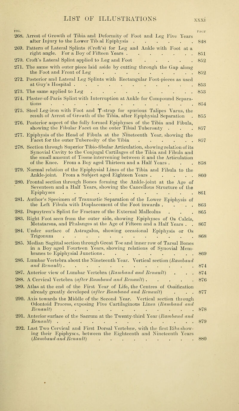 FIG. PA(JF 268. Arrest of Growth of Tibia and Deformity of Foot and Leg Five Years after Injury to the Lower Tib.al Epiphysis ...... 848 269. Pattern of Lateral Splints (Croft's) for Leg and Ankle with Foot at a right angle. For a Boy of Fifteen Years ....... 851 270. Croft's Lateral Splint applied to Leg and Foot 852 271. The same with outer piece laid aside by cutting through the Gap along the Foot and Front of Leg ......... 852 272. Posterior and Lateral Leg Splints with Rectangular Foot-pieces as used at Guy's Hospital ........... 853 273. The same applied to Leg .......... 853 274. Plaster-of-Paris Splint with Interruption at Ankle for Compound Separa- tions 854 275. Steel Leg-iron with Foot and T-strap for spurious Talipes Varus, the result of Arrest of Growth of the Tibia, after Epiphysial Separation . 855 276. Posterior aspect of the fully formed Epiphyses of the Tibia and Fibula, showing the Fibular Facet on the outer Tibial Tuberosity . . . 857 277. Epiphysis of the Head of Fibula at the Nineteenth Year, showing the Facet for the outer Tuberosity of the Tibia . . . . . . 857 278. Section through Superior Tibio-fibular Articulation, showing relation of its Synovial Cavity to the Conjugal Cartilages of the Tibia and Fibula and the small amount of Tissue intervening between it and the Articulation of the Knee. From a Boy aged Thirteen and a Half Years . . . 858 279. Normal relation of the Epiphysial Lines of the Tibia and Fibula to the Ankle-joint. From a Subject aged Eighteen Years 860 280. Frontal section through Bones forming the Ankle-joint at the Age of Seventeen and a Half Years, showing the Cancellous Structure of the Epiphyses .861 281. Author's Specimen of Traumatic Separation of the Lower Epiphysis of the Left Fibula with Displacement of the Foot inwards . . . . 863 282. Dupuytren's Splint for Fracture of the External Malleolus . . . 865 283. Eight Foot seen from the outer side, showing Epiphyses of Os Calcis, Metatarsus, and Phalanges at the Age of Fifteen and a Half Years . . 867 284. Under surface of Astragalus, showing occasional Epiphysis or Os Trigonum 868 285. Median Sagittal section through Great Toe and inner row of Tarsal Bones in a Boy aged Fourteen Years, showing relations of Synovial Mem- branes to Epi]3hysial Junctions ......... 869 286. Lumbar Vertebra about the Nineteenth Year. Vertical section {Bavibaud and Renault) ............ 874 287. Anterior view of Lumbar Vertebra {Bambaud and Renault) . . . 874 288. A Cervical Vertebra {after Bambaud and Benault) ..... 876 289. Atlas at the end of the First Year of Life, the Centres of Ossification already greatly developed {after Bambaud and Benault) . . . 877 290. Axis towards the Middle of the Second Year. Vertical section through Odontoid Process, exposing Five Cartilaginous Lines {Bambaud and Benault) 878 291. Anterior surface of the Sacrum at the Twenty-third Year {Bambaud and Benault) 879 292. Last Two Cervical and First Dorsal Vertebrte, with the first Ribs show- ing their Epiphyses, between the Eighteenth and Nineteenth Years {Bambaud aiid Benault) . . . . . . . . . 880
