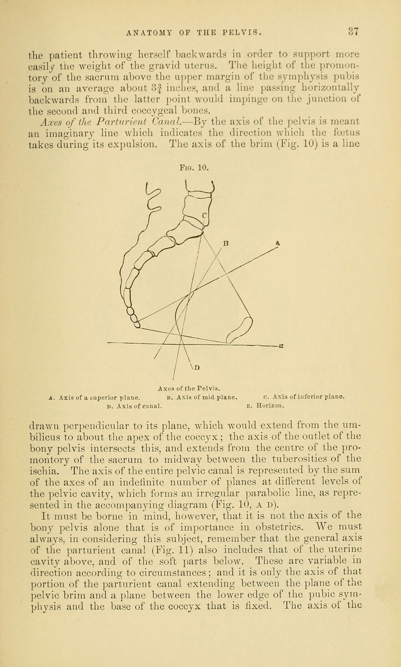 the patient throwing herself backwards in order to support more easily the weight of the gravid uterus. The height of the promon- tory of the sacrum above the upper margin of the symphysis pubis is on an average about 3f inches, and a line passing horizontally backwards from the latter point would impinge on the junction of the second and third coccygeal bones. Axes of the Parturient Canal.—By the axis of the pelvis is meant an imaginary line which indicates the direction which the foetus takes during its expulsion. The axis of the brim (Fig. 10) is a line Fig. 10. Axes of the Pelvis. A. Axis of a hupevior plane. b. Axis of mid plane. c. Axis of inferior plane. D. Axis of canal. e. Horizon. drawn perpendicular to its plane, which would extend from the um- bilicus to about the apex of the coccyx; the axis of the outlet of the bony pelvis intersects this, and extends from the centre of the pro- montory of the sacrum to midway between the tuberosities of the ischia. The axis of the entire pelvic canal is represented by the sum of the axes of an indefinite number of planes at different levels of the pelvic cavity, which forms an irregular parabolic line, as repre- sented in the accompanying diagram (Fig. 10, A d). It must be borne in mind, however, that it is not the axis of the bony pelvis alone that is of importance in obstetrics. We must always, in considering this subject, remember that the general axis of the parturient canal (Fig. 11) also includes that of the uterine cavity above, and of the soft parts below. These are variable in direction according to circumstances; and it is only the axis of that portion of the parturient canal extending between the plane of the pelvic brim and a plane between the lower edge of the pubic sym- physis and the base of the coccyx that is fixed. The axis of the