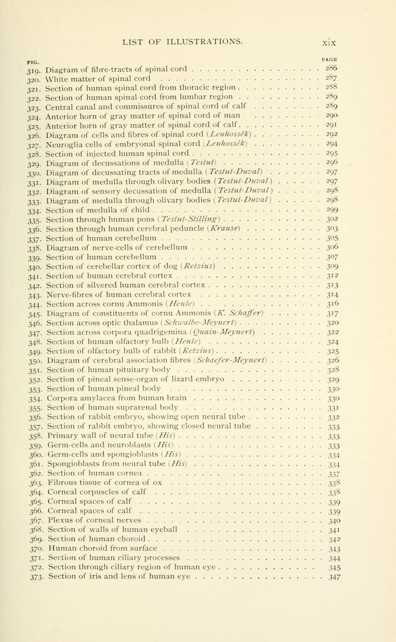 FIG PAGE 319. Diagram of fibre-tracts of spinal cord 286 320. White matter of spinal cord 287 321. Section of human spinal cord from thoracic region 288 322. Section of human spinal cord from lumbar region 289 323. Central canal and commissures of spinal cord of calf 289 324. Anterior horn of gray matter of spinal cord of man 290 325. Anterior horn of gray matter of spinal cord of calf 291 326. Diagram of cells and fibres of spinal cord {Lenhossek) 292 327. Neuroglia cells of embryonal spinal cord {Lenhossek) 294 328. Section of injected human spinal cord 295 329. Diagram of decussations of medulla | Testut\ 296 330. Diagram of decussating tracts of medulla ( Teshit-Duval) 297 331. Diagram of medulla through olivary bodies [Testut-Duval) 297 332. Diagram of sensory decussation of medulla ( Testut-Duval) 298 ^zz- Diagram of medulla through olivary bodies {Testut-Duval) 298 334. Section of medulla of child 299 335. Section through human pons ( Testut-Stilling) 302 336. Section through human cerebral peduncle {Krause) 303 ^2,7- Section of human cerebellum 305 338. Diagram of nerve-cells of cerebellum 306 339. Section of human cerebellum 307 340. Section of cerebellar cortex of dog (Retzius) 309 341. Section of human cerebral cortex 312 342. Section of silvered human cerebral cortex 313 343. Nerve-fibres of human cerebral cortex 314 344. Section across cornu Ammonis (Henle) 316 345. Diagram of constituents of cornu Ammonis {K. Schaffer) 317 346. Section across optic thalamus {Schwalbe-Meynert) 320 347. Section across corpora quadrigemina ( Quain-Meynert) 322 348. Section of human olfactory bulb {Henle) 324 349. Section of olfactory bulb of rabbit {Retzius) 325 350. Diagram of cerebral association fibres \Schaefer-Meynert) 326 351. Section of human pituitary body 328 352. Section of pineal sense-organ of lizard embryo 329 353. Section of human pineal body 330 354. Corpora amylacea from human brain 330 355. Section of human suprarenal body 331 356. Section of rabbit embryo, showing open neural tube 332 357. Section of rabbit embryo, showing closed neural tube 333 358. Primary wall of neural tube {His) 333 359. Germ-cells and neuroblasts (His) t>2>Z 360. Germ-cells and spongioblasts {His) 334 361. Spongioblasts from neural tube iHisi 334 362. Section of human cornea 2io7 363. Fibrous tissue of cornea of ox 338 364. Corneal corpuscles of calf t,^> 365. Corneal spaces of calf 339 366. Corneal spaces of calf 339 367. Plexus of corneal nerves 340 368. Section of walls of human eyeball 341 369. Section of human choroid 342 370. Human choroid from surface 343 371. Section of human ciliary processes 344 372. Section through ciliary region of human eye 345 373. Section of iris and lens of human eye 347