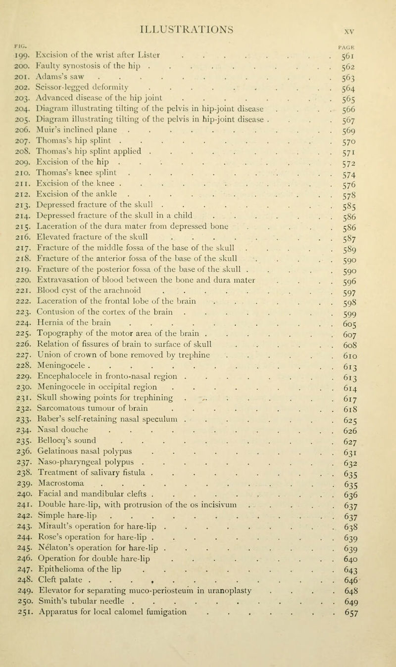 I'li;. 199. Excision of the wiist aflcr Lister . . . . , 200. Kuully synostosis of the hip ...... 201. Adams's saw ........ 202. Scissor-legged tleformit\- ...... 203. Advanced disease of the hip joint .... 204. Diagram iUustrating tilting of the pelvis in hip-joint disease 205. Diagram iUustrating tilting of the pelvis in hip-joint disease 206. Muir's inclined plane ....... 207. Thomas's hip splint ....... 208. Thomas's hip splint applied ...... 209. Excision of the hip ........ 210. Thomas's knee splint ....... 211. Excision of the knee ....... 212. Excision of the ankle ....... 213. Depressed fracture of the skid 1 ..... 214. Depressed fracture of the skull in a child 215. Laceration of the dura mater from depressed bone 216. Elevated fracture of the skull ..... 217. Fracture of the middle fossa of the base of the skull 218. Fracture of the anterior fossa of the base of the skull 219. Fracture of the posterior fossa of the base of the skull . 220. Extravasation of blood between the bone and dura mater 221. Blood cyst of the arachnoid ..... 222. Laceration of the frontal lobe of the brain 223. Contusion of the cortex of the brain .... 224. Hernia of the brain ....... 225. Topography of the motor area of the brain . 226. Relation of fissures of brain to surface of skull 227. Union of crown of bone removed by trephine 228. Meningocele ......... 229. Encephalocele in fronto-nasal region .... 230. Meningocele in occipital region ..... 231. Skull showing points for trephining . ,. . . 232. Sarcomatous tumour of brain ..... 233. Baber's self-retaining nasal speculum .... 234. Nasal douche ........ 235. Bellocq's sound ....... 236. Gelatinous nasal polypus ...... 237. Naso-pharyngeal polypus ...... 238. Treatment of salivary fistula ...... 239. Macrostoma ........ 240. P'acial and mandibular clefts ...... 241. Double hare-lip, with protrusion of the os incisivum 242. Simple hare-lip ........ 243. Mirault's operation for hare-lip ..... 244. Rose's operation for hare-lip ...... 245. Nelaton's operation for hare-lip ..... 246. Operation for double hare-lip ..... 247. Epithelioma of the lip ...... 248. Cleft palate 249. Elevator for separating muco-periosteum in uranoplasty 250. Smith's tubular needle ....... 251. Apparatus for local calomel fumigation
