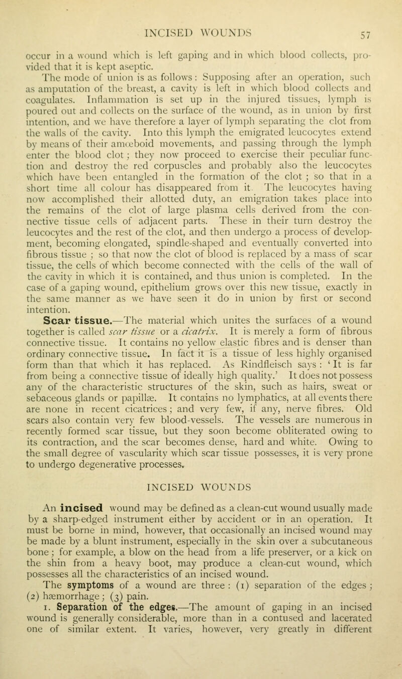 occur in a wound which is left gaping and in which blood collects, pro- vided that it is kept aseptic. The mode of union is as follows : Supposing after an operation, such as amputation of the breast, a cavity is left in which blood collects and coagulates. Inflammation is set up in the injured tissues, lymph is poured out and collects on the surface of the wound, as in union by first intention, and we have therefore a layer of lymph separating the clot from the walls of the cavity. Into this lymph the emigrated leucocytes extend by means of their amoeboid movements, and passing through the lymph enter the blood clot; they now proceed to exercise their peculiar func- tion and destroy the red corpuscles and probably also the leucocytes which have been entangled in the formation of the clot ; so that in a short time all colour has disappeared from it. The leucocytes having now accomplished their allotted duty, an emigration takes place into the remains of the clot of large plasma cells derived from the con- nective tissue cells of adjacent parts. These in their turn destroy the leucocytes and the rest of the clot, and then undergo a process of develop- ment, becoming elongated, spindle-shaped and eventually converted into fibrous tissue ; so that now the clot of blood is replaced by a mass of scar tissue, the cells of which become connected with the cells of the wall of the cavity in which it is contained, and thus union is completed. In the case of a gaping wound, epithelium grows over this new tissue, exactly in the same manner as we have seen it do in union by first or second intention. Scar tissue.—The material which unites the surfaces of a wound together is called scar tissue or a cicatrix. It is merely a form of fibrous connective tissue. It contains no yellow elastic fibres and is denser than ordinary connective tissue. In fact it is a tissue of less highly organised form than that which it has replaced. As Rindfleisch says : ' It is far from being a connective tissue of ideally high quality.' It does not possess any of the characteristic structures of the skin, such as hairs, sweat or sebaceous glands or papillse. It contai^is no lymphatics, at all events there are none in recent cicatrices; and very few, if any, nerve fibres. Old scars also contain very few blood-vessels. The vessels are numerous in recently formed scar tissue, but they soon become obliterated owing to its contraction, and the scar becomes dense, hard and white. Owing to the small degree of vascularity which scar tissue possesses, it is very prone to undergo degenerative processes. INCISED WOUNDS An incised wound may be defined as a clean-cut wound usually made by a sharp-edged instrument either by accident or in an operation. It must be borne in mind, however, that occasionally an incised wound may be made by a blunt instrument, especially in the skin over a subcutaneous bone; for example, a blow on the head from a life preserver, or a kick on the shin from a heavy boot, may produce a clean-cut wound, which possesses all the characteristics of an incised wound. The symptoms of a wound are three: (i) separation of the edges; (2) haemorrhage ; (3) pain. I. Separation of the edges.—The amount of gaping in an incised wound is generally considerable, more than in a contused and lacerated one of similar extent. It varies, however, very greatly in different