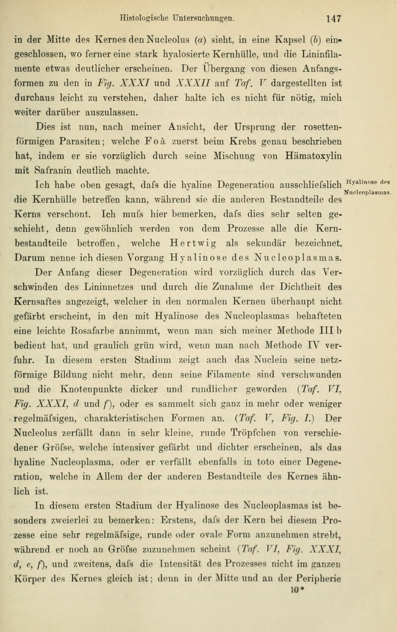 in der Mitte des Kernes den Nucleolus (a) sieht, in eine Kapsel (b) ein- geschlossen, wo ferner eine stark hyalosierte Kernhülle, und die Lininfila- mente etwas deutlicher erscheinen. Der Übergang von diesen Anfangs- formen zu den in Fig. XXXI und XXXII auf Taf. V dargestellten ist durchaus leicht zu verstehen, daher halte ich es nicht für nötig, mich weiter darüber auszulassen. Dies ist nun, nach meiner Ansicht, der Ursprung der rosetten- förmigen Parasiten; welche F o ä zuerst beim Krebs genau beschrieben hat, indem er sie vorzüglich durch seine Mischung von Hämatoxylin mit Safranin deutlich machte. Ich habe oben gesagt, dafs die hyaline Degeneration ausschliefslich Hyalmose des Nuoleoplasmas. die Kernhülle betreffen kann, während sie die anderen Bestandteile des Kerns verschont. Ich mufs hier bemerken, dafs dies sehr selten ge- schieht, denn gewöhnlich werden von dem Prozesse alle die Kern- bestandteile betroffen, welche Hertwig als sekundär bezeichnet. Darum nenne ich diesen Vorgang Hyalinose des Nucleoplasmas. Der Anfang dieser Degeneration wird vorzüglich durch das Ver- schwinden des Lininnetzes und durch die Zunahme der Dichtheit des Kernsaftes angezeigt, welcher in den normalen Kernen überhaupt nicht gefärbt erscheint, in den mit Hyalinose des Nucleoplasmas behafteten eine leichte Rosafarbe annimmt, wenn man sich meiner Methode III b bedient hat, und graulich grün wird, wenn man nach Methode IV ver- fuhr. In diesem ersten Stadium zeigt auch das Nuclein seine netz- förmige Bildung nicht mehr, denn seine Filamente sind verschwunden und die Knotenpunkte dicker und rundlicher geworden (Taf. VI, Fig. XXXI, d und f), oder es sammelt sich ganz in mehr oder weniger regelmäfsigen, charakteristischen Formen an. {Taf. V, Fig. I.) Der Nucleolus zerfällt dann in sehr kleine, runde Tröpfchen von verschie- dener Gröfse, welche intensiver gefärbt und dichter erscheinen, als das hyaline Nucleoplasma, oder er verfällt ebenfalls in toto einer Degene- ration, welche in Allem der der anderen Bestandteile des Kernes ähn- lich ist. In diesem ersten Stadium der Hyalinose des Nucleoplasmas ist be- sonders zweierlei zu bemerken: Erstens, dafs der Kern bei diesem Pro- zesse eine sehr regelmäfsige, runde oder ovale Form anzunehmen strebt, während er noch an Gröfse zuzunehmen scheint {Taf. VI, Fig. XXXI, d, e, f), und zweitens, dafs die Intensität des Prozesses nicht im ganzen Körper des Kernes gleich ist; denn in der Mitte und an der Peripherie 10*