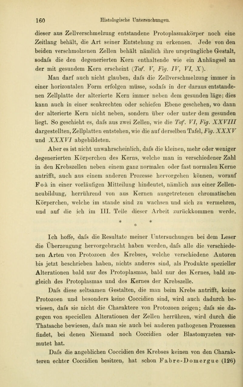 dieser aus Zellverschmelzung entstandene Protoplasmakörper noch eine Zeitlang behält, die Art seiner Entstehung zu erkennen. Jede von den beiden verschmolzenen Zellen behält nämlich ihre ursprüngliche Gestalt, sodafs die den degenerierten Kern enthaltende wie ein Anhängsel an der mit gesundem Kern erscheint {Taf. V, Fig. IV, VI, X). Man darf auch nicht glauben, dafs die Zellverschmelzung immer in einer horizontalen Form erfolgen müsse, sodafs in der daraus entstande- nen Zellplatte der alterierte Kern immer neben dem gesunden läge; dies kann auch in einer senkrechten oder schiefen Ebene geschehen, wo dann der alterierte Kern nicht neben, sondern über oder unter dem gesunden liegt. So geschieht es, dafs aus zwei Zellen, wie die Taf. VI, Fig. XXVIII dargestellten, Zellplatten entstehen, wie die auf derselben Tafel, Fig. XXXV und XXXVI abgebildeten. Aber es ist nicht unwahrscheinlich, dafs die kleinen, mehr oder weniger degenerierten Körperchen des Kerns, welche man in verschiedener Zahl in den Krebszellen neben einem ganz normalen oder fast normalen Kerne antrifft, auch aus einem anderen Prozesse hervorgehen können, worauf Poä in einer vorläufigen Mitteilung hindeutet, nämlich aus einer Zellen- neubildung, herrührend von aus Kernen ausgetretenen chromatischen Körperchen, welche im stände sind zu wachsen und sich zu vermehren, und auf die ich im III. Teile dieser Arbeit zurückkommen werde. Ich hoffe, dafs die Resultate meiner Untersuchungen bei dem Leser die Überzeugung hervorgebracht haben werden, dafs alle die verschiede- nen Arten von Protozoen des Krebses, welche verschiedene Autoren bis jetzt beschrieben haben, nichts anderes sind, als Produkte spezieller Alterationen bald nur des Protoplasmas, bald nur des Kernes, bald zu- gleich des Protoplasmas und des Kernes der Krebszelle. Dafs diese seltsamen Gestalten, die man beim Krebs antrifft, keine Protozoen und besonders keine Coccidien sind, wird auch dadurch be- wiesen, dafs sie nicht die Charaktere von Protozoen zeigen; dafs sie da- gegen von speciellen Alterationen der Zellen herrühren, wird durch die Thatsache bewiesen, dafs man sie auch bei anderen pathogenen Prozessen findet, bei denen Niemand noch Coccidien oder Blastomyzeten ver- mutet hat. Dafs die angeblichen Coccidien des Krebses keinen von den Charak- teren echter Coccidien besitzen, hat schon Fabre-Domergue (126)
