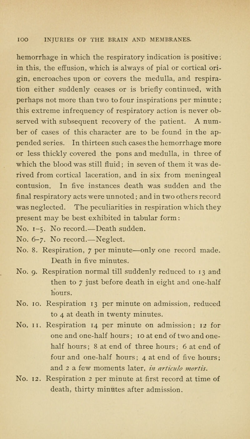 hemorrhage in which the respiratory indication is positive: in this, the effusion, which is always of pial or cortical ori- gin, encroaches upon or covers the medulla, and respira- tion either suddenly ceases or is briefly continued, with perhaps not more than two to four inspirations per minute; this extreme infrequency of respiratory action is never ob- served with subsequent recovery of the patient. A num- ber of cases of this character are to be found in the ap- pended series. In thirteen such cases the hemorrhage more or less thickly covered the pons and medulla, in three of which the blood was still fluid; in seven of them it was de- rived from cortical laceration, and in six from meningeal contusion. In five instances death was sudden and the final respiratory acts were unnoted; and in two others record was neglected. The peculiarities in respiration which they present may be best exhibited in tabular form: No. 1-5. No record.—Death sudden. No. 6-'j. No record.—Neglect. No. 8. Respiration, 7 per minute—only one record made. Death in five minutes. No. 9. Respiration normal till suddenly reduced to 13 and then to 7 just before death in eight and one-half hours. No. 10. Respiration 13 per minute on admission, reduced to 4 at death in twenty minutes. No. II. Respiration 14 per minute on admission; 12 for one and one-half hours; 10 at end of two and one- half hours; 8 at end of three hours; 6 at end of four and one-half hours; 4 at end of five hours; and 2 a few moments later, in articulo mortis. No. 12. Respiration 2 per minute at first record at time of death, thirty minutes after admission.