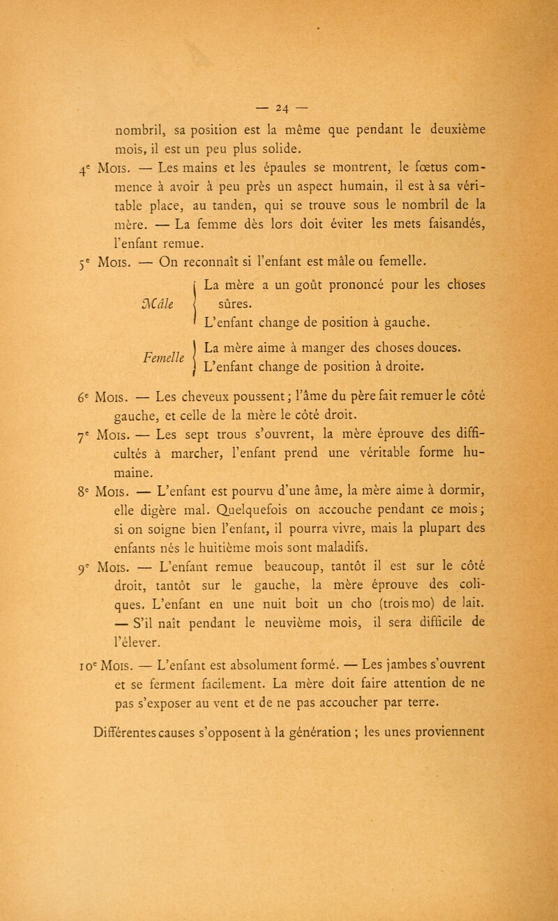 nombril, sa position est la même que pendant le deuxième mois, il est un peu plus solide. 4e Mois. — Les mains et les épaules se montrent, le fœtus com- mence à avoir à peu près un aspect humain, il est à sa véri- table place, au tanden, qui se trouve sous le nombril de la mère. — La femme dès lors doit éviter les mets faisandés, l'enfant remue. 5e Mois. — On reconnaît si l'enfant est mâle ou femelle. i La mère a un goût prononcé pour les choses j\Câle l sûres. ' L'enfant change de position à gauche. _ j La mère aime à manger des choses douces. Fcïncllc { j L'enfant change de position à droite. 6e Mois. — Les cheveux poussent; l'âme du père fait remuer le côté gauche, et celle de la mère le côté droit. 7e Mois. — Les sept trous s'ouvrent, la mère éprouve des diffi- cultés à marcher, l'enfant prend une véritable forme hu- maine. 8e Mois. — L'enfant est pourvu d'une âme, la mère aime à dormir, elle digère mal. Quelquefois on accouche pendant ce mois ; si on soigne bien l'enfant, il pourra vivre, mais la plupart des enfants nés le huitième mois sont maladifs. 9e Mois. — L'enfant remue beaucoup, tantôt il est sur le côté droit, tantôt sur le gauche, la mère éprouve des coli- ques. L'enfant en une nuit boit un cho (trois rao) de lait. — S'il naît pendant le neuvième mois, il sera difficile de l'élever. ioe Mois. — L'enfant est absolument formé. — Les jambes s'ouvrent et se ferment facilement. La mère doit faire attention de ne pas s'exposer au vent et de ne pas accoucher par terre. Différentes causes s'opposent à la génération ; les unes proviennent