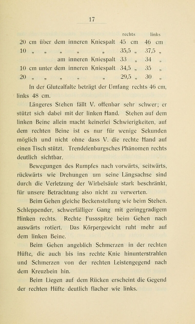 rechts links 20 cm über dem inneren Kniespalt 45 cm 46 cm lU „ „ „ „ „ oo,0 „ o/,o „ am inneren Kniespalt 33 „ 34 „ 10 cm unter dem inneren Kniespalt 34,5 „ 35 „ zu „ „ „ „ „ i^\y,o „ oU „ in der Glutealfalte beträgt der umfang rechts 46 cm, links 48 cm. Längeres Stehen fällt V. offenbar sehr schwer; er stützt sich dabei mit der linken Hand. Stehen auf dem linken Beine allein macht keinerlei Schwierigkeiten, auf dem rechten Beine ist es nur für wenige Sekunden möglich und nicht ohne dass V. die rechte Hand auf einen Tisch stützt. Trendelenburgsches Phänomen rechts deutlich sichtbar. Bewegungen des Rumpfes nach vorwärts, seitwärts, rückwärts wie Drehungen um seine Längsachse sind durch die Verletzung der Wirbelsäule stark beschränkt, für unsere Betrachtung also nicht zu verwerten. Beim Gehen gleiche Beckenstellung wie beim Stehen. Schleppender, schwerfälliger Gang mit geringgradigem Hinken rechts. Rechte Fussspitze beim Gehen nach auswärts rotiert. Das Körpergewicht ruht mehr auf dem linken Beine. Beim Gehen angeblich Schmerzen in der rechten Hüfte, die auch bis ins rechte Knie hinunterstrahlen und Schmerzen von der rechten Leistengegend nach dem Kreuzbein hin. Beim Liegen auf dem Rücken erscheint die Gegend der rechten Hüfte deutlich flacher wie links.