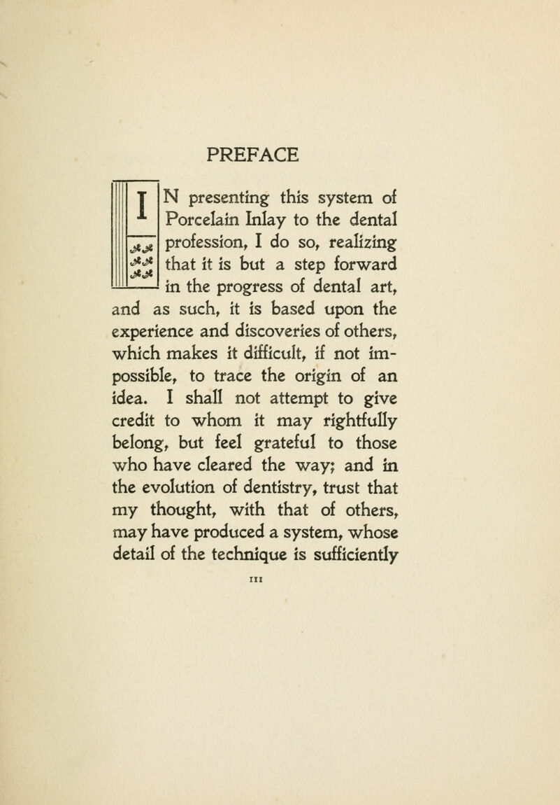 t^a^ PREFACE T N presenting this system of ■*■ Porcelain Inlay to the dental profession, I do so, realizing that it is but a step forward in the progress of dental art, and as such, it is based upon the experience and discoveries of others, which makes it difficult, if not im- possible, to trace the origin of an idea. I shall not attempt to give credit to whom it may rightfully belong, but feel grateful to those who have cleared the way; and in the evolution of dentistry, trust that my thought, with that of others, may have produced a system, whose detail of the technique is sufficiently