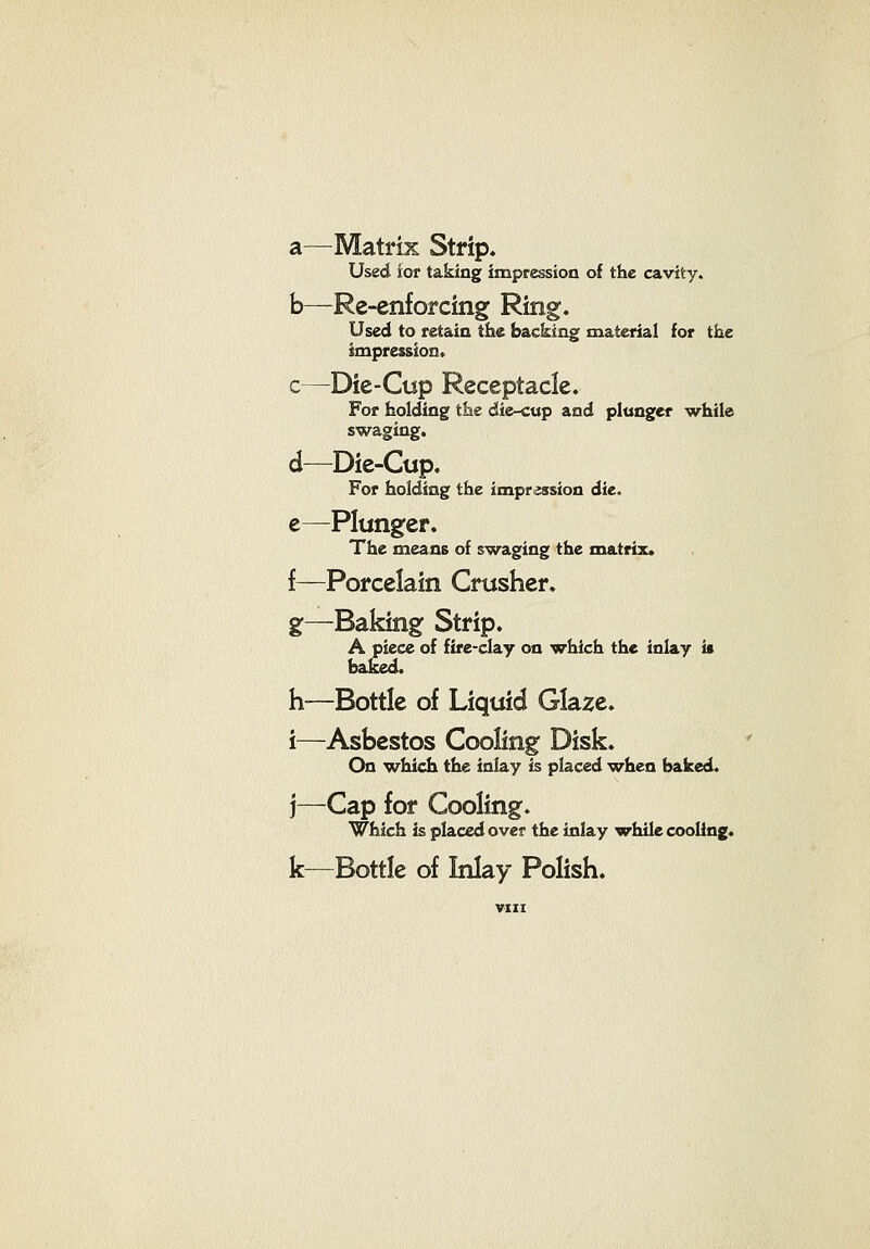 a—Matrix Strip. Used ior taking impression of the cavity. b—Re-enforcing Ring. Used to retain the backing material for the impression. c—Die-Cup Receptacle. For holding the die-cup and plunger while swaging. d—Die-Cup. For holding the impression die. e—Plunger. The means of s-waging the matrix. f—Porcelain Crusher, g—Baking Strip. A piece of fire-clay on which the inlay is baked. h—Bottle of Liquid Glaze, i—Asbestos Cooling Disk. On which the inlay is placed 'when baked. j—Cap for Cooling. Which is placed over the inlay while cooling. k—Bottle of Inlay Polish.