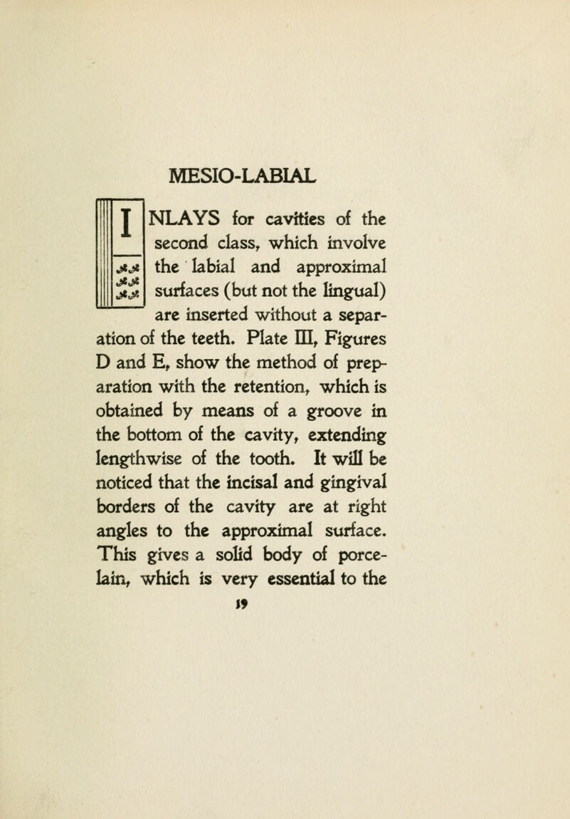 MESIO-LABIAL T NLAYS for cavities of the second class, which involve the labial and approximal surfaces (but not the lingual) are inserted without a separ- ation of the teeth. Plate HI, Figures D and E, show the method of prep- aration with the retention, which is obtained by means of a groove in the bottom of the cavity, extending lengthwise of the tooth. It will be noticed that the incisal and gingival borders of the cavity are at right angles to the approximal surface. This gives a solid body of porce- lain, which is very essential to the