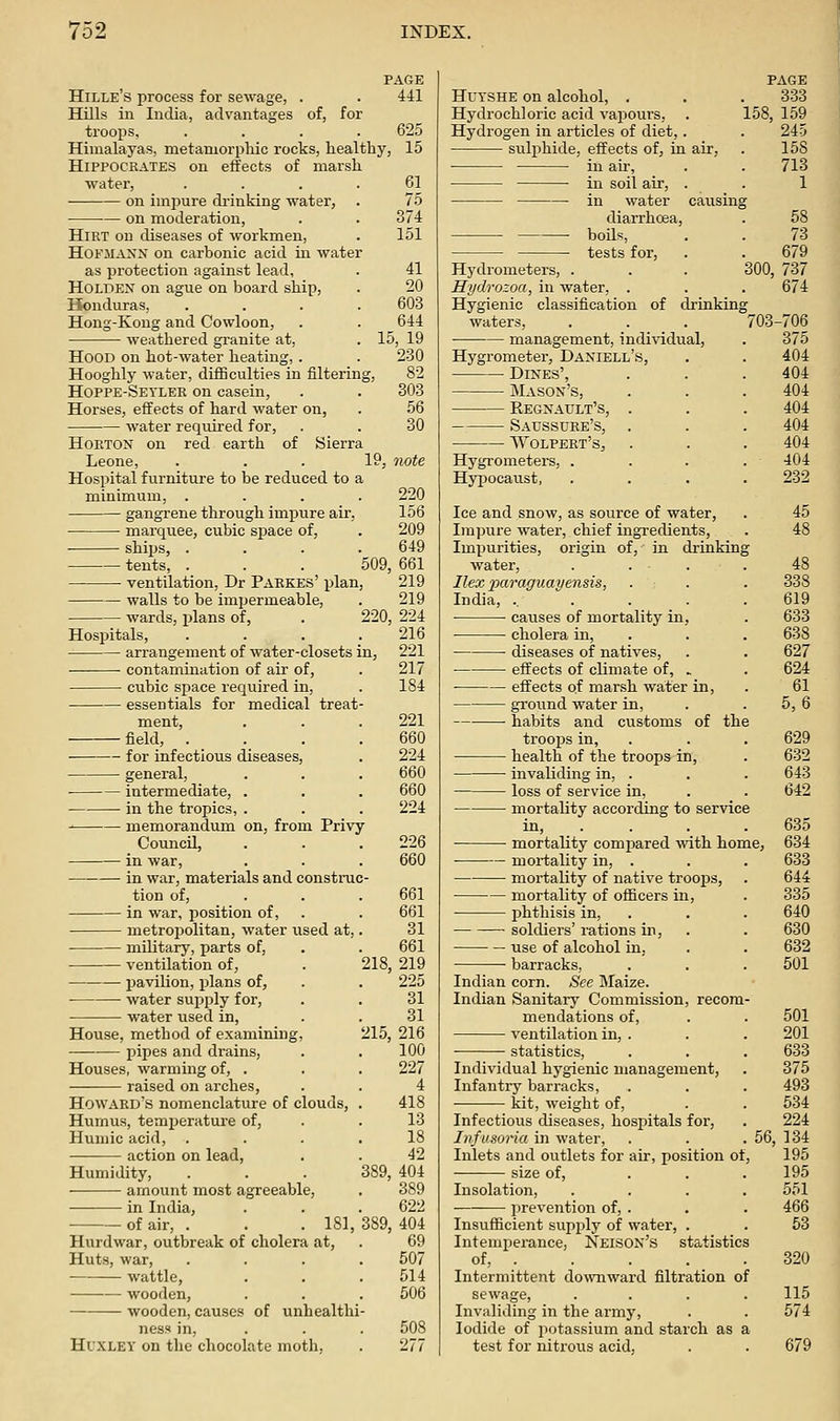 PAGE Hille's process for sewage, . . 441 Hills m India, advantages of, for troo]3s, .... 625 Himalayas, metamorphic rocks, healthy, 15 Hippocrates on effects of marsh water, on impure drinking water, • on moderation, HiRT on diseases of workmen, Hofmaxn on carbonic acid in water as protection against lead, HOLDEX on ague on board ship, Honduras, .... Hong-Kong and Cowloon, weathered granite at, 61 75 374 151 41 20 603 644 15, 19 230 82 303 56 30 Hood on hot-water heatin Hooghly water, diflBculties in filtering, Hoppe-Seyler on casein, Horses, effects of hard water on, water required for, HoRTON on red earth of Sierra Leone, . . . 19 Hospital furniture to be reduced to a minimum, .... gangrene through impure air, marquee, cubic space of, ships, .... tents, . . . 509, 661 ventilation, Dr Parkes' plan, 219 walls to be impermeable, . 219 wards, plans of, . 220, 224 note 220 156 209 649 Hospitals, arrangement of water-closets in, •— contamination of air of, cubic space required in, essentials for medical treat- ment, field, . for infectious diseases. intermediate, . in the tropics, . memorandum on, from Privy Council, in war, in war, materials and construc- tion of, in war, position of, metropolitan, water used at, military, parts of, ventilation of, l^avilion, plans of, water supply for, water used in. House, method of examining, pipes and drains. Houses, warming of, . raised on arches, Howard's nomenclature of clouds. Humus, temijerature of, Huniic acid, action on lead, Humidity, amount most agreeable, in India, of air, . . . 181, Hurdwar, outbreak of cholera at, Huts, war, wattle, wooden, wooden, causes of unhealthi ness in, Huxley on the chocolate moth. 216 221 217 184 221 660 224 660 660 224 226 660 661 661 31 661 218, 219 225 31 31 215, 216 100 227 4 418 13 18 42 389, 404 389 622 389, 404 69 507 514 506 508 277 HuYSHE on alcohol, . Hydrochloric acid vapours, Hydrogen in articles of diet,. sulphide, effects of, in air, in air, in soil air, . in water causin; diarrhoea, boUs, tests for, Hydrometers, . Hydrozoa, in water, . Hygienic classification of di'Uikinj waters, management, indi^ddual. Hygrometer, Daniell's, Dikes', Mason's, Regnault's, . Saussure's, AVolpert's, Hygrometers, . Hypocaust, PAGE 333 158, 159 245 158 713 1 ° 58 73 679 300, 737 674 703-706 375 404 404 404 404 404 404 404 232 Ice and snow, as source of water. Impure water, chief ingredients, Impurities, origin of, in drinkin, water, . . . Ilex Paraguay ensis, India, ..... eatises of mortality in, • cholera in, diseases of natives, effects of climate of, .. effects of marsh water in, ground water in, habits and customs of the trooi^s in, health of the troops in, invaliding in, . loss of service in, mortality according to service mortality comj^ared -with home. mortality in, mortality of native trooj)s, mortality of officers in, phthisis in, soldiers' rations in, use of alcohol in. barracks, Indian corn. See Maize. Indian Sanitary Commission, recora mendations of, ventilation in, . ■ ■ statistics. Individual hygienic management, Infantry barracks, kit, weight of. Infectious diseases, hospitals for, Infusoria in water. Inlets and outlets for air, position of size of. Insolation, prevention of, . Insufficient supply of water, Intemperance, Neison's statistics of; Intermittent do^vnward filtration of sewage, Invaliding in the army, Iodide of potassium and starch as a test for nitrous acid, 56, 679