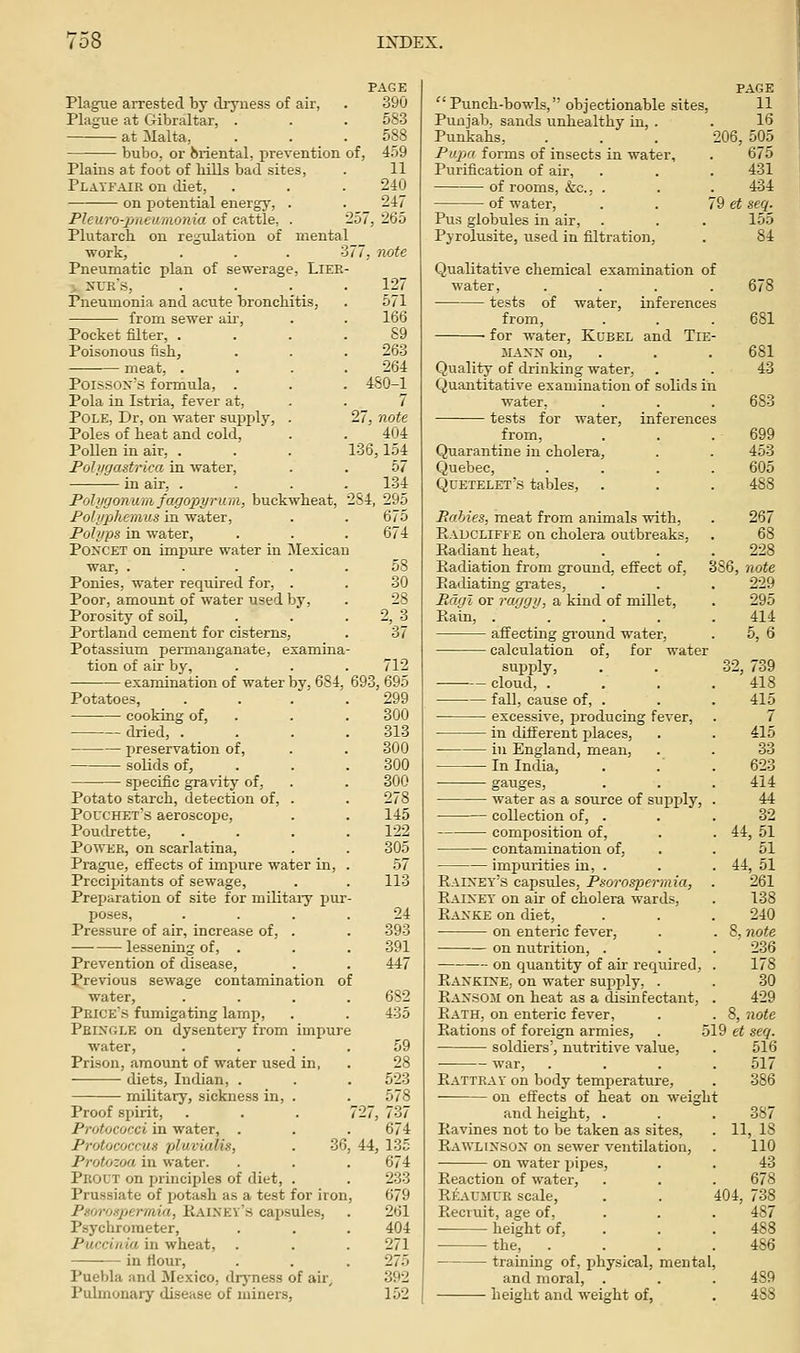 Plague arrested by dryness of air, Plague at Gibraltar, . at Malta, bubo, or hriental, prevention of, Plains at foot of bills bad sites, Playfair on diet, on potential energy, Pleuro-piieuiiionia of cattle, . 257 Plutarch, on regulation of mental work, . . . 377, note Pneumatic plan of sewerage, LiEK , xur's, .... 127 Pneumonia and acute bronchitis, . 571 from sewer air, . . 166 Pocket filter, .... 89 Poisonous fish, . . . 263 meat, .... 264 Poissox's formula, . . . 480-1 Pola in Istria, fever at, . . 7 Pole, Dr, on water supply, . 27, note Poles of heat and cold, . . 404 Pollen in air, . . . 136,154 Pohigastrica in water, in air, .... 134 Poliigonum fagopyrum, buckwheat, 2S4, 295 Foliiphemus in water, . . 675 Polyps in water, PONCET on impure water in Mexican war, . . . . Ponies, water required for, . Poor, amount of water used by. Porosity of soil, Portland cement for cisterns, Potassium permanganate, examinj tion of ah' by, ■ examination of water by, 684 Potatoes, cooking of, dried, . preservation of, solids of, specific gravity of. Potato starch, detection of, . Pocchet's aeroscope, Poudrette, Power, on scarlatina, Prague, effects of impure water in, Precipitants of sewage, Prejjaration of site for military pur poses, Pressure of air, increase of, . lessening of, . Prevention of disease, Previous sewage contamination of water. Price's fumigating lamp, Prixole on dysenteiy from impure water. Prison, amount of water used in diets, Indian, . military, sickness in, . Proof spirit, Protococci in water, Protococcus pluvialis, . 36, Protozoa in water. Peout on principles of diet Prussiatc of iiotash as a test for iron Psoroapermia, K.mney's capsules, Psychrometer, Pucciiiia in wheat, . in flour, Puebla and Mexico, drj-ness of air^ Pulmonary disease of miners, PAGE 390 583 588 459 11 240 247 265 674 58 30 28 2, 3 37 712 693,695 299 300 313 300 300 300 278 145 122 305 57 113 24 393 391 447 682 435 59 28 23 578 727, 737 674 44, 135 674 233 679 261 404 271 275 392 152 PAGE Punch-bowls, objectionable sites, 11 Punjab, sands unhealthy in, . . 16 Punkahs, . . . 206, 505 Piqja forms of insects in water, . 675 Purification of air, . . . 431 of rooms, <fcc., . . . 434 of water, . . 79 e^ seq. Pus globules in air, . . . 155 Pyrolusite, used in filtration, . 84 Qualitative chemical examination of water, .... 678 tests of water, inferences from, . . .681 ■ for water, Kdbel and Tie MAXN on, . . . 681 Quality of drinking water, . . 43 Quantitative examination of solids in water, . . . 683 tests for water, inferences from, . . .699 Quarantine in cholera, . . 453 Quebec, .... 605 Quetelet's tables. 267 68 228 386, note 229 295 414 5, 6 Pahies, meat from animals with, E.adcliffe on cholera outbreaks Eadiant heat, Radiation from ground, effect of. Eadiating gi-ates, Pctffi or raygn, a kind of millet. Rain, . . affecting gi'ound water, calculation of, for water supply, . . 32, 739 cloud, . . . .418 fall, cause of, . . . 415 excessive, producing fever, . 7 in different places, . . 415 in England, mean, . . 33 In India, . . . 623 gauges, . . . 414 water as a source of supjjly, . 44 collection of, . . . 32 composition of, . . 44, 51 contamination of, . . 51 impurities in, . . . 44, 51 Raixey's capsides, Psorospermia, . 261 Raixey on air of cholera wards, . 138 Raxke on diet, . . . 240 on enteric fever, . . 8, note on nutrition, . . . 236 on quantity of air required, . 178 Raxkixe. on water supply, . . 30 Eaxsom on heat as a disuafectant, . 429 Rath, on enteric fever, . . 8, note Rations of foreign armies, . 519 ei seq. soldiers', nutritive value, . 516 war, Rattray on body temperature, on effects of heat on weight and height, . Ravines not to be taken as sites, Rawlixsox on sewer ventilation, on water pipes. Reaction of water Reaumur scale. Recruit, age of, height of, the, training of, physical, mental and moral, height and weight of, 404 517 386 387 11, 18 110 43 678 738 487 488 486 489 488