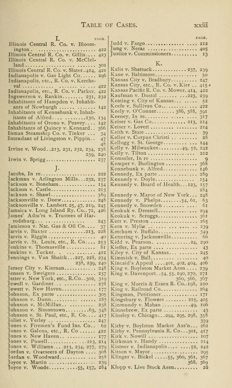 Illinois Central R. Co. v. Bloom- ington Illinois Centra] R. Co. v. Gillis Illinois Central R. Co. v. McClel- land Illinois Central R. Co. v. Slater..414, Indianapolis v. Gas Light Co Indianapolis, etc., R. Co. v. Kerche- val Indianapolis, etc., R. Co. v. Parker. Ingswerscn v. Rankin 231, Inhabitants of Hampden v. Inhabit- ants of Newburgh Inhabitants of Kennebunk v. Inhab- itants of Alfred 130, Inhabitants of Orono v. Peavey.... Inhabitants of Quincy v. Kennard. . Inman Steamship Co. v. Tinker ... Intendant of Livingston v. Pippin. . Irvine v. Wood. .213, 231, 232, 234, 239. Irwin v. Sprigg J- Jacobs, In re Jackman v. Arlington Mills.. .232, Jackson v. Boneham Jackson v. Castle Jackson v. Shawl Jacksonville v. Doew Jacksonville v. Lambert. 25, 47, 219, Jamaica v. Long Island Ry. Co.. 72, James' Adm'rs v. Trustees of Har- rodsburg Jamieson v. Nat. Gas & Oil Co.... Jarvis v. Baxter 213, Jarvis v. Riggin Jarvis v. St. Louis, etc., R. Co. ... Jenkins v. Thomasville Jenkins v. Tucker Jennings v. Van Shaick.. .227, 228, 238, 239, Jersey City v. Kiernan Jensen v. Sweigers Jctter v. New York, etc., R.Co. .302, Jewell v. Gardiner Jewett v. New Haven Johnson, Ex parte Johnson v. Dunn Johnson v. McMillan Johnson v. Simontown 63, Johnson v. St. Paul, etc., R. Co. .. . Toilet v. Vcrley Jones v. Firemen's Fund Ins. Co.. Jones v. Galena, etc., R. Co Jones v. New Haven Jones v. Powell 213, Jones v. Williams. .. .213, 234, 277, Jordan v. Overseers of Dayton .... Jordan v. Woodward Joyce v. Martin .. Joyce v. Woods 55, 157. 422 423 301 421 296 422 422 232 142 134 142 366 34 47 4S 238 240 237 222 237 154 213 389 248 245 426 243 37 228 40 253 81 412 234 240 248 237 3T9 278 177 305 187 238 343 417 247 62 422 177 214 279 308 258 239 284 PAGE. Judd v. Fargo 212 Jung v. Neraz 405 Justice v. Commissioners 13 K. Kalis v. Shattuck 237, 239 Kane v. Baltimore 30 Kansas City v. Bradbury 247 Kansas City, etc., R. Co. v. Kier . . 415 J Kansas Pacific R. Co. v. Mower. 414, 422 Kaufman v. Dostal 223, 239 Keating v. City of Kansas 52 Keefe v. Sullivan Co 422 Keely v. O'Conner 386, 388, 391 Keeney, In re 317 Keiser v. Gas Co 213, 214 Keiser v. Lovett 214 Keith v. State 39 Keller v. Corpus Christi 28 Kellogg v. St. George 144 Kelly v. Milwaukee 49, 52, 242 Kelly v. Tilton 212 Kemmler, In re 9 Kemper v. Burlington 368 Kennebunk v. Alfred 146 Kennedy, Ex parte 2S9 Kennedy v. Doyle 154 Kennedy v. Board of Health.. .123, 157 284 Kennedy v. Mayor of New York... 248 Kennedy v. Phelps 54, 61, 63 Kennedy v. Snowden 61 Keokuk v. Dressell 294 Keokuk v. Scroggs 361 Kerr v. Preston 265 Kern v. Mylwe 239 Ketchum v. Buffalo 349 Kettering v. Jacksonville 66 Kidd v. Pearson 24, 290 Kieffer, Ex parte 43 Kiley v. City of Kansas 245 Kimmish v. Ball 40 Kincaid's Appeal ... .401, 402, 404, 406 King v. Boylston Market Assn .... 239 King v. Davenport. .54, 55, 190, 270, 271 360, 366, 367 King v. Morris & Essex R. Co.. 198, 220 King v. Railroad Co 2^4 Kingman, Petitioner 171 Kingsbury v. Flowers 215, 405 Kinmundy v. Mahan 49, 106 Kinnebrew, Ex parte 43 Kinsley v. Chicago.. .294, 295, 298, 358 359 Kirby v. Boylston Market Ass'n... 261 Kirby v. Pennsylvania R. Co.. .301, 417 Kirk v. Nowill 107 Kirkman v. Handy 214 Kistner v. Indianapolis 52, 242 Kitson v. Mayor 295 Klingcr v. Bickel 55, 360, 361, 367 368, 369 Klopp v. Live Stock Assn 28