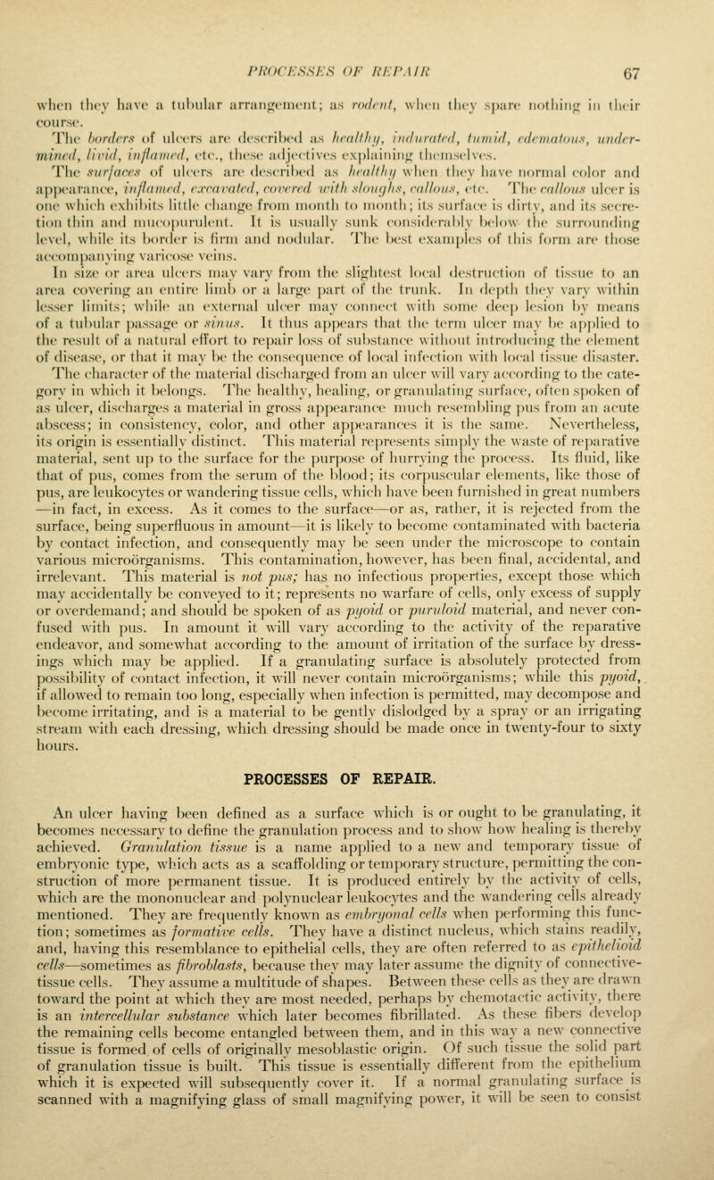 whoii tlicy have a tul)ular arraiij^ciiiciit; as rodent, when tluy spare iiotliiii;; in tlieir course. The borders of ulcers are descrihed as hrd/fln/, indiircilcd, finiiid, cdtiiKiloii.s, under- mined, lirid, nijidiiied, etc., tliese adjectives e.\])lainiii<f tlieiuselves. The ftiirfaces of ulcers are described as hcd/t/ii/ w lieu tliev have normal color and ap|)earance, in/ldiiird, crcdrntrd, rorrrrd irifh .v/oz/r/Z/.v, cd/loii.s, etc. The cdl/oiis ulcer i.s one which exhibits little chaujje from mouth to month; its surface is dirty, and its secre- tion thin and mucopurulent. It is usually sunk cousiderahly helow the surroundiuj^; level, while its border is firm and nodular. The best examples of this form are tho.se accompanying varieo.se veins. In size or area ulcers may vary from the sliglitest local destruction of tissue to an area covering an entire limb or a large part of the trunk. In depth they vary within le.sser limits; while an external ulcer may connect with some deej) lesion by means of a tubular passage or sinus. It thus appears that the term ulcer may be applied to the result of a natural effort to repair loss of substance without introducing the element of disease, or that it may be the c()nse(|ucnce of local infection with local tissue disaster. The character of the material discharged from an ulcer will vary according to the cate- gory iu which it belongs. Tiie healthy, healing, or granulating surface, often sj)oken of as ulcer, discharges a material in gross apjiearanee much resembling pus from an acute abscess; in consistency, color, and other apj)earanees it is the same. Nevertheless, its origin is essentially distinct. This material represents simply the waste of reparative material, .sent up to the surface for the pur]X)se of hurrying the process. Its fluid, like that of pus, comes from the .serum of the blood; its corpuscular elements, like tho.se of pus, are leukoc}1;es or wandering tissue cells, which have been furnished in great numbers —in fact, in excess. As it comes to the surface—or as, rather, it is rejected from the surface, being superfluous in amount—it is likely to become contaminated with bacteria by contact infection, and consequently may be seen under the microscope to contain various microorganisms. This contamination, however, has been final, accidental, and irrelevant. This material is not pus; has no infectious properties, except those which may accidentally be conveyed to it; represents no warfare of cells, only excess of supply or overdemand; and should be spoken of as pi/oid or pvruloid material, and never con- fu.sed with pus. In amount it will vary according to the activity of the reparative endeavor, and somewhat according to the amount of irritation of the surface by dress- ings which may be applied. If a granulating surface is absolutely protected from possibility of contact infection, it will never contain microorganisms; while this pyoid, if allowed to remain too long, especially when infection is permitted, may decompose and become irritating, and is a material to be gently dislodged by a spray or an irrigating stream with each dressing, which dressing should be made once in twenty-four to sixty hours. PROCESSES OF REPAIR. An ulcer having been defined as a surface which is or ought to be granulating, it becomes necessary to define the granulation process and to show how healing is thereby achieved. Granulation tissue is a name applied to a new and temporary tissue of embryonic type, which acts as a scaffolding or temporary structure, permitting the con- struction of more permanent tissue. It is produced entirely by the activity of cells, which are the mononuclear and polynuclear leukocytes and the wandering cells already mentioned. They are frequently known as embryonal cells when performing this func- tion; sometimes as formative cells. They have a distinct nucleus, which stains readily, and, having this resemblance to epithelial cells, they are often referred to as epithelioid cells—sometimes as fibroblasts, because they may later assume the dignity of connective- tissue cells. They assume a multitude of shapes. Between these cells a.s they are drawn toward the point at which they are mo.st needed, perhaps by chemotactic activity, there is an intercellular substance which later becomes fibrillated. As these fibers develop the remaining cells become entangled between them, and in this way a new connective tissue is formed of cells of originally mesobla.stic origin. Of such tissue the solid part of granulation ti.ssue is built. This tissue is es.sentially different from the epithelium which it is expected will sub.sequently cover it. If a normal granulating surface is scanned with a magnifying glass of small magnifying power, it will be seen to consist